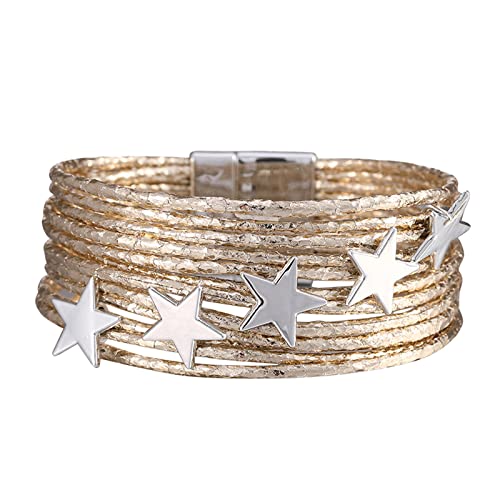 Women's Leather Cuff Bracelet Set - Multilayer Wrap Star Bracelet with Magnetic Clasp for Daily Wear (Gold, One Size) | Perfect for Casual Outfits, Office Wear & Gift Giving