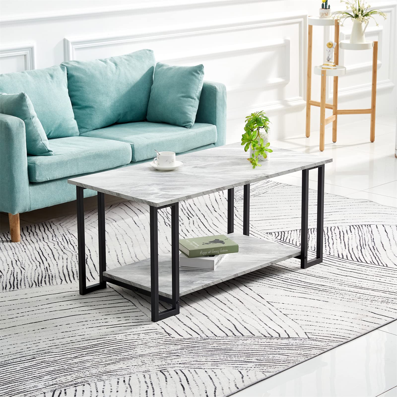 Modern Rectangle Coffee Table with White MDF Marble Tabletop & Gold Metal Legs - Stylish Cocktail Table for Living Room, Lounge, or Office - Perfect for Entertaining, Decor, and Everyday Use
