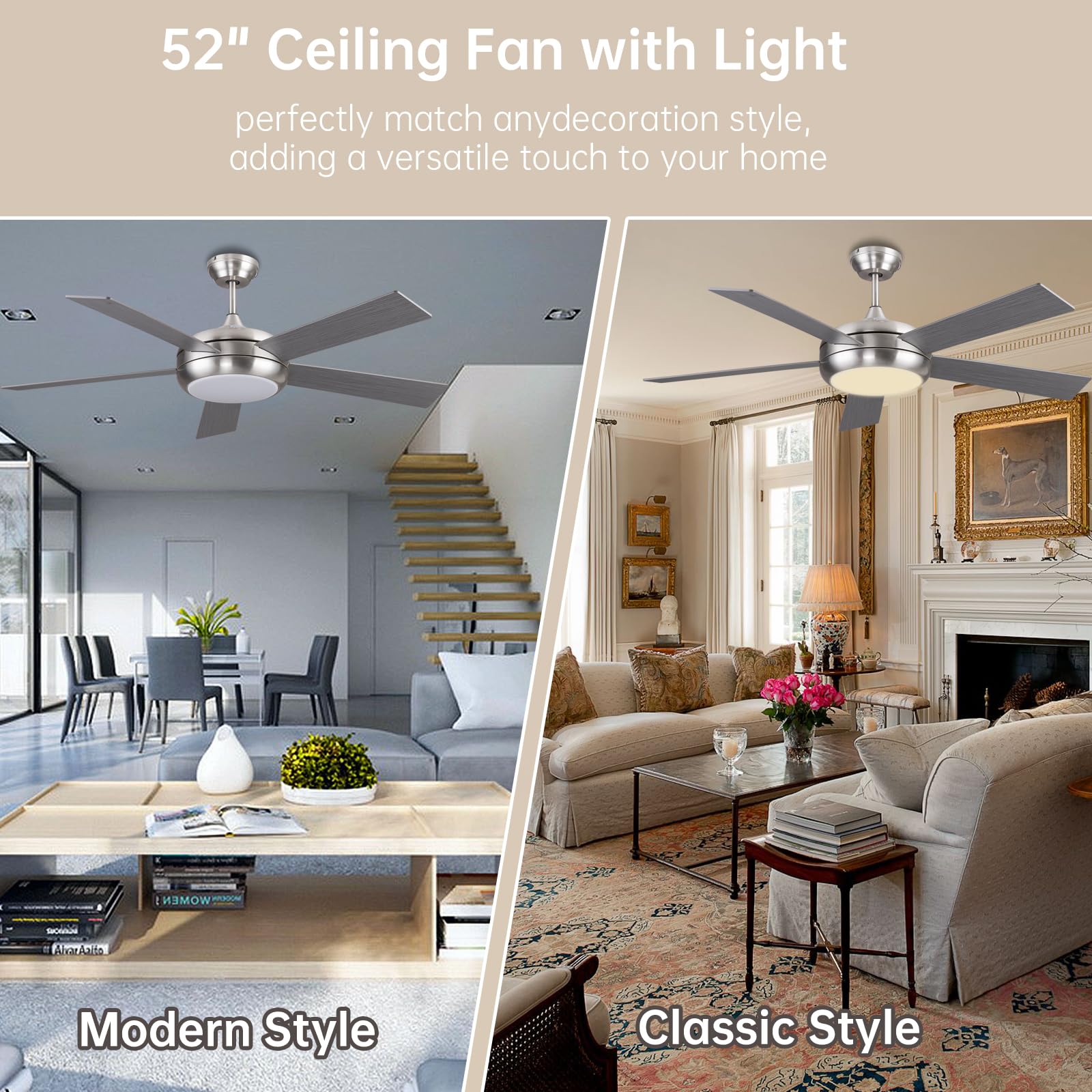 Ovlaim 52 Inch Ceiling Fan with Light Remote Control - 6 Speed Quiet DC Motor, 5 Wood Blades for Living Room & Bedroom - Perfect for Home Cooling and Air Circulation