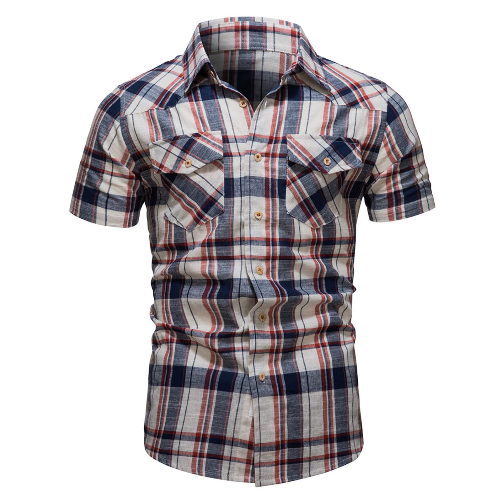 Men's Plaid Henley Shirt with Pocket - Short Sleeve Banded Collar Business Casual Dress Shirt | Perfect for Office Wear & Smart Casual Outfits