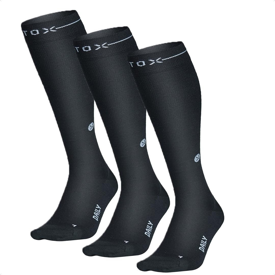 STOX Energy Socks for Men - 3 Pack Black Premium Compression Socks with Merino Wool for Comfort & Support - Relieves Tired, Sore & Swollen Legs - Ideal for Running, Hiking, Travel & Work