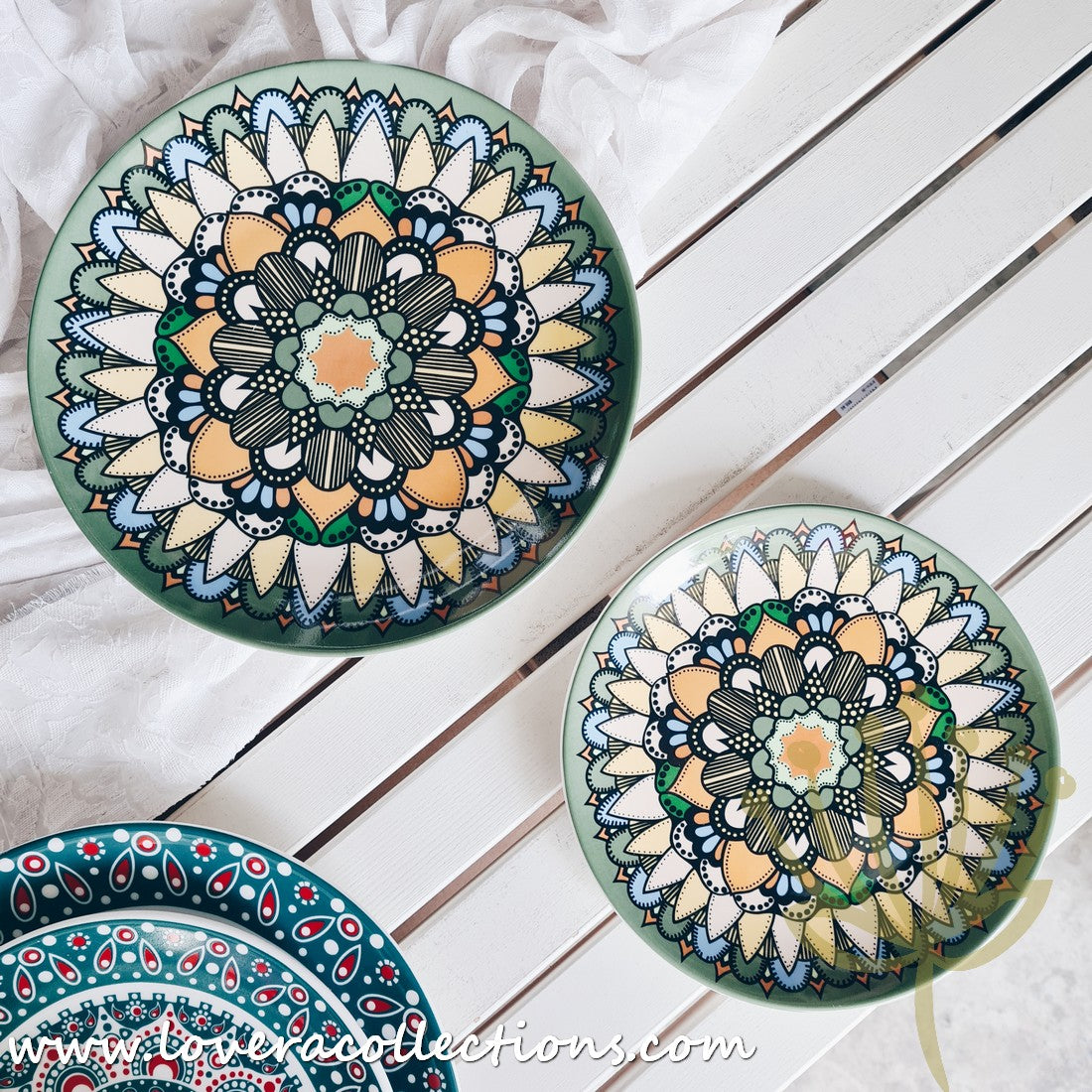 Mandala Green & White Salad Plate Set - Elegant Hand-Painted Ceramic Dinnerware for Home & Restaurant Use - Perfect for Salads, Appetizers, Desserts & Party Serving