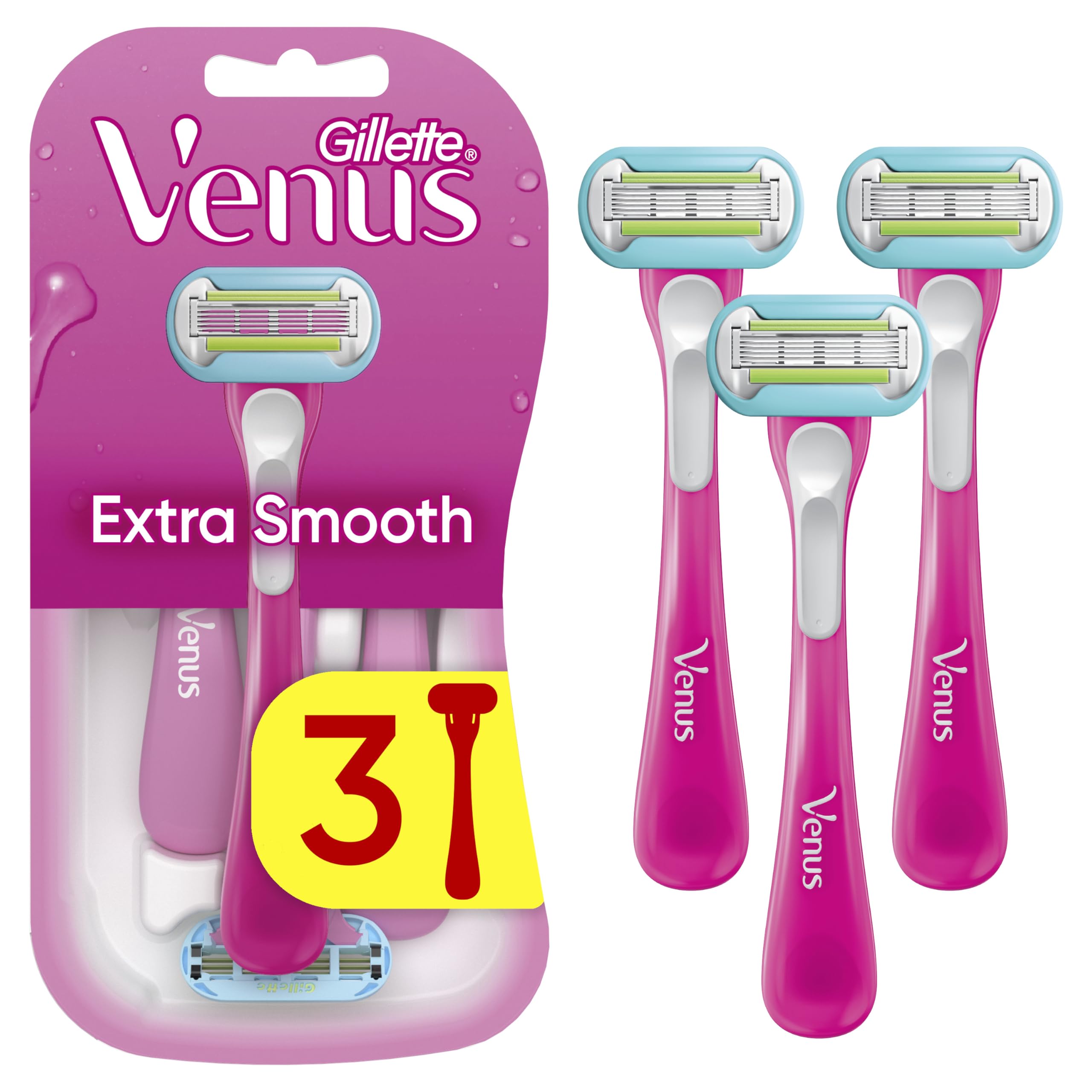 Gillette Venus Razors for Women - 5-Blade Disposable Razors with Moisture Ribbon for Extra Smooth Shave & Skin Protection (Pack of 3) | Perfect for Travel, Gym & Everyday Use