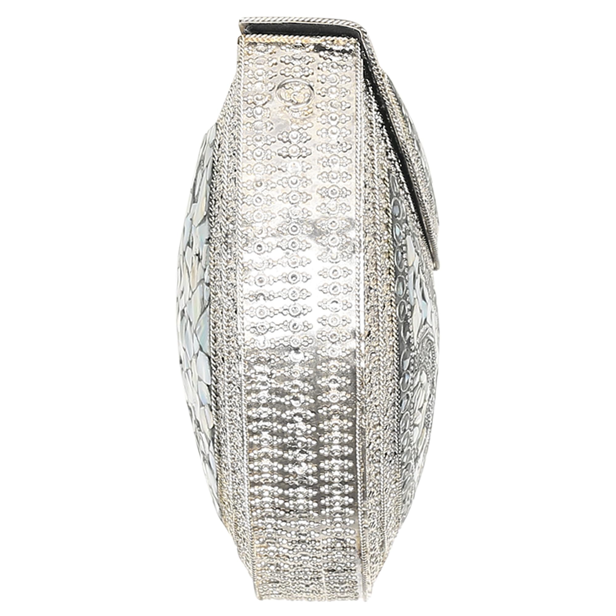 Vintage Silver Shell Mosaic Clutch Purse - Handmade Ethnic Indian Nacre Stone Bag for Women | Perfect for Weddings, Parties & Special Occasions