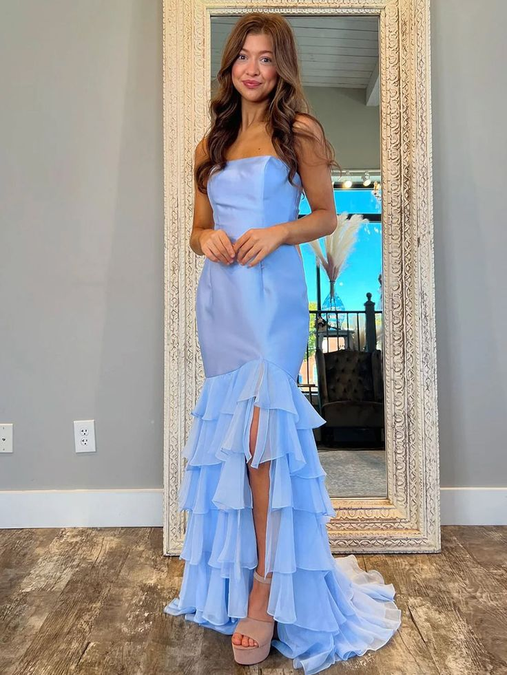 Elegant Blue Strapless Tiered Long Prom Dress with High Slit - Formal Evening Gown for Homecoming, Wedding Guest & Special Occasions | Style J5303
