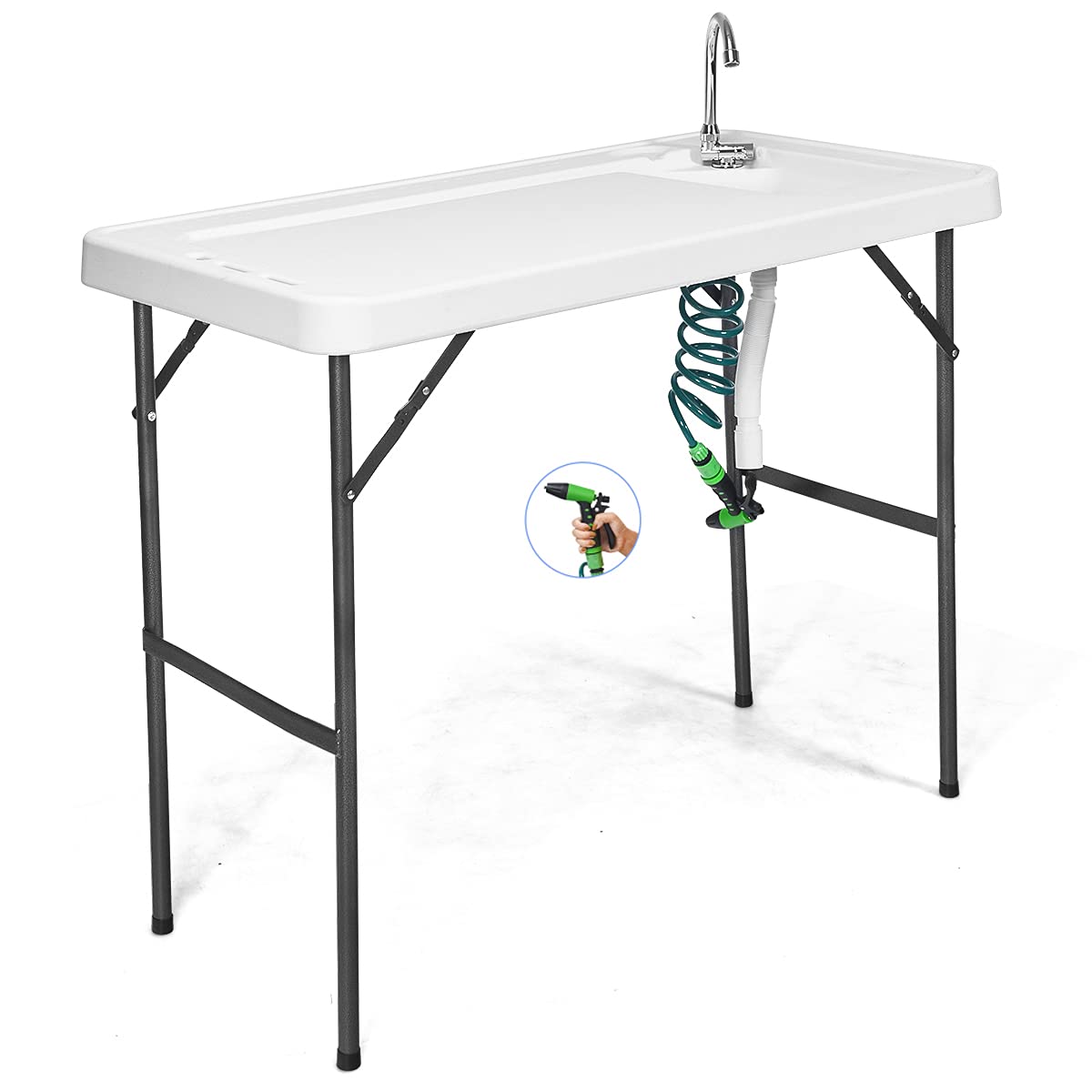 GYMAX Foldable Fish Cleaning Table with Sink & Adjustable Sprayer - Portable Outdoor Fillet Station with Rotatable Faucet for Fishing, Camping, Picnic, Backyard & Beach Use
