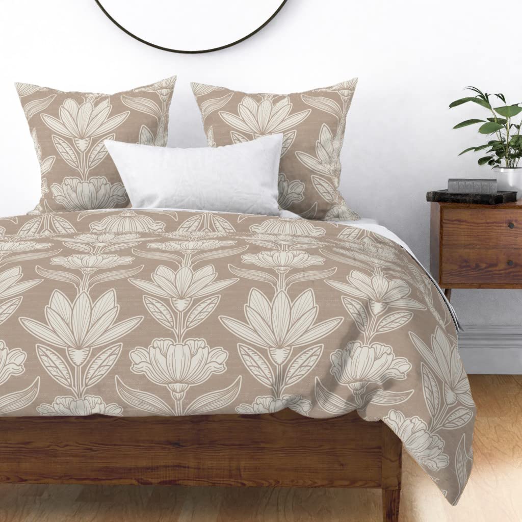 Soft Cotton Sateen Duvet Cover Full/Queen Size - Neutral Floral Winter Modern Tan Print | Gender Neutral Custom Bedding by Spoonflower | Perfect for Cozy Winter Nights & Modern Bedroom Decor