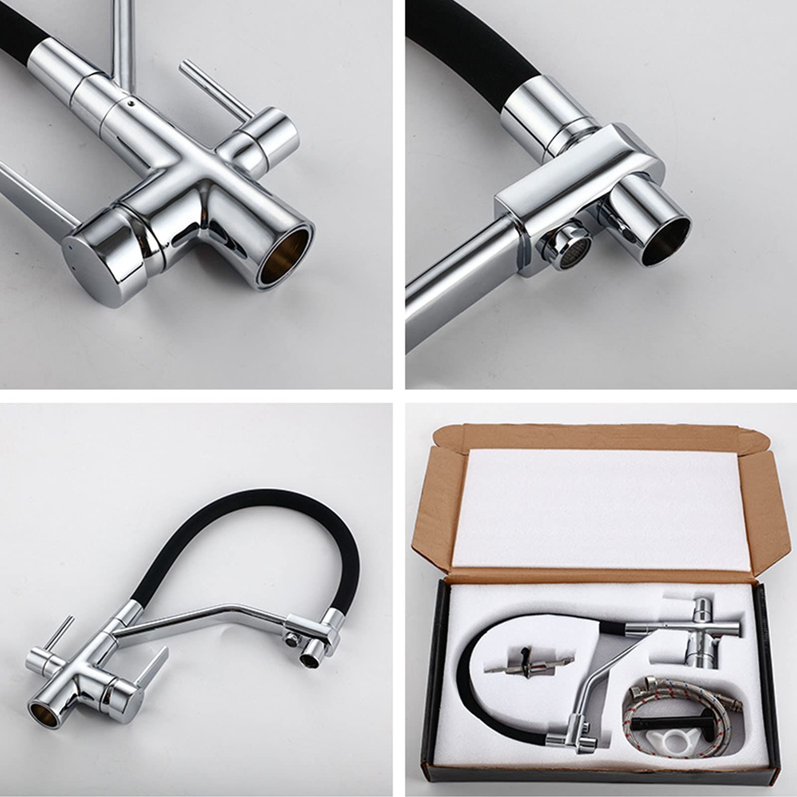 Premium Solid Brass Pull-Out Swivel Kitchen Faucet with Dual Handle & High Arc - 3-in-1 Water Filter Purifier System with Drinking Water Faucet (Chrome Finish) - Perfect for Modern Kitchens, Home Renovations & Water Purification Needs