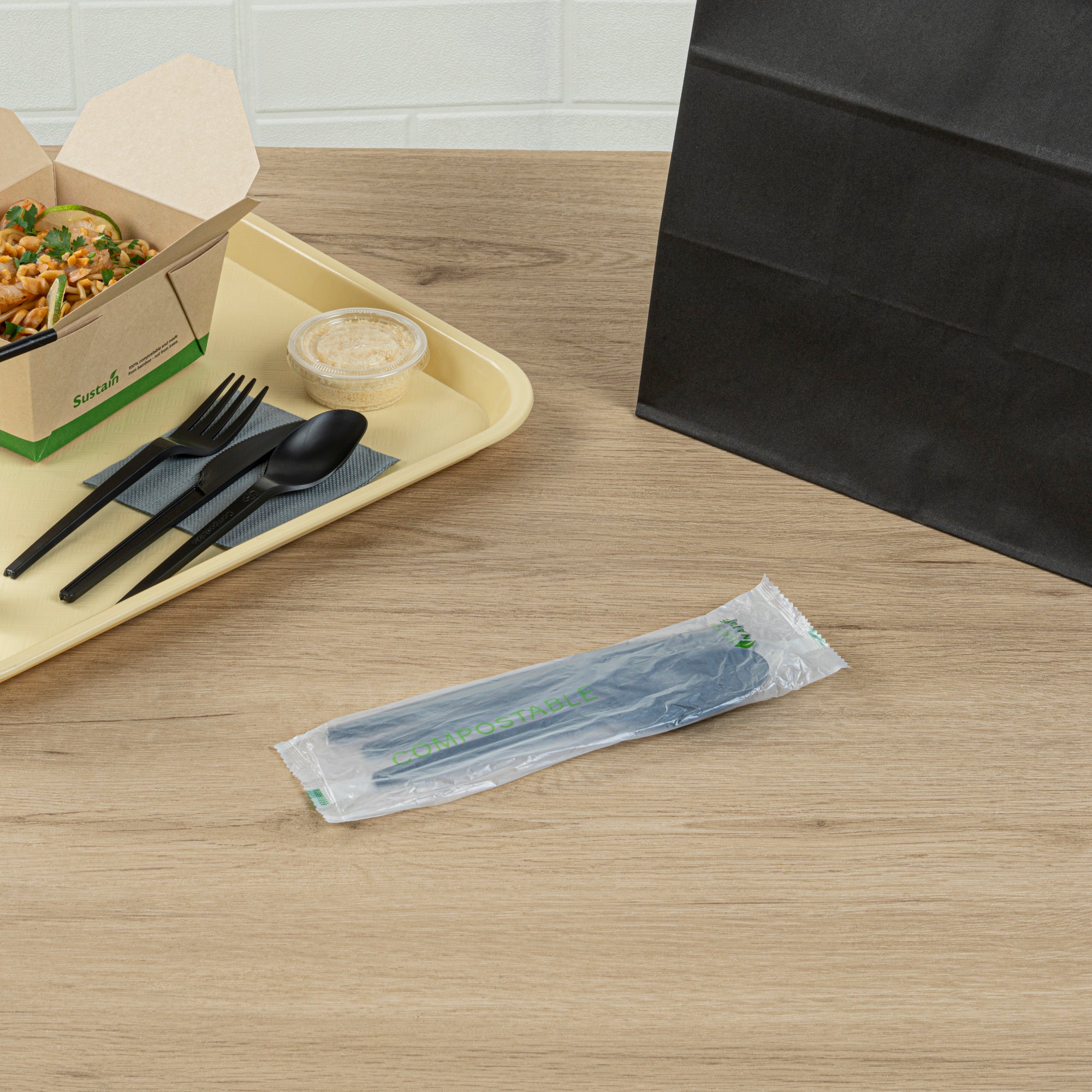 Eco-Friendly Black CPLA Plastic Cutlery Set - 100-Piece Compostable Cutlery with Heat-Resistant Wrapper (6.5