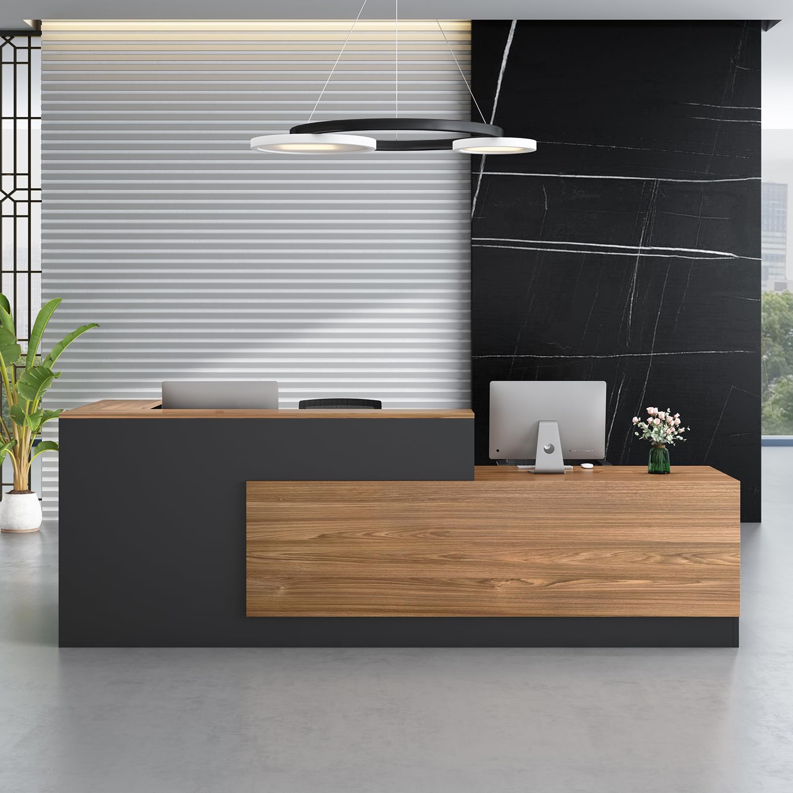 Modern L-Shaped Reception Desk - Large Wooden Commercial Receptionist Desk with Counter, Lockable Drawers & Storage Cabinet - Right Facing Office Front Desk (70.87