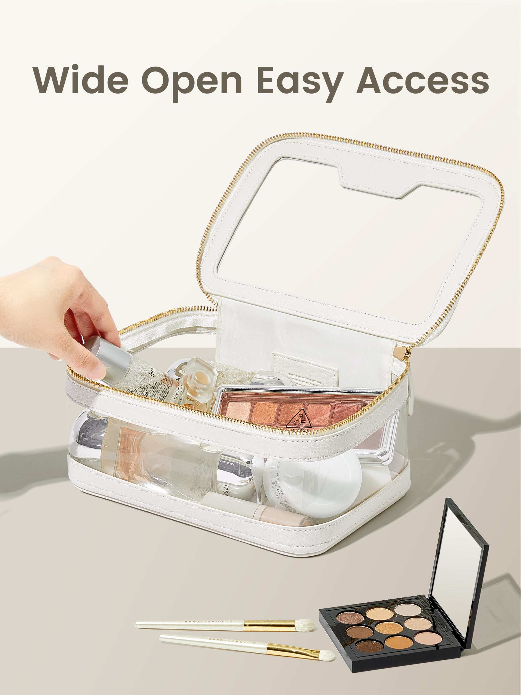 ROWNYEON Clear Makeup Case Toiletry Bag - Waterproof Travel Cosmetic Organizer, Transparent Storage Bag for Makeup Brushes & Skincare (White) - Perfect for Travel, Gym & Daily Organization