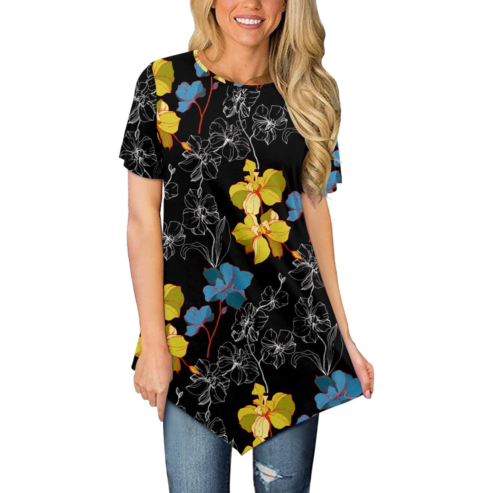 Women's Casual Short Sleeve T-Shirt - Round Neck Loose Fit Summer Top with Asymmetrical Hem | Perfect for Date Night, Weekend Outings & Beach Wear