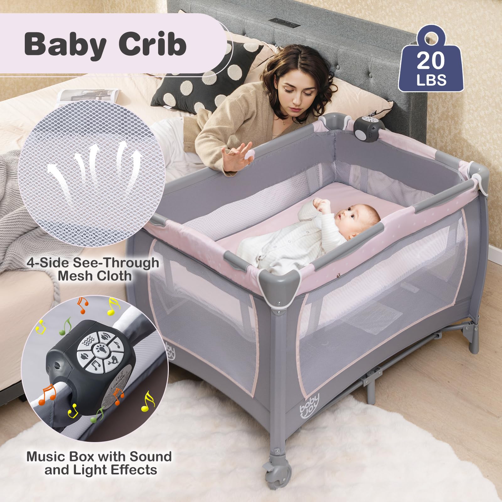 BABY JOY 5-in-1 Portable Baby Playard with Bassinet & Changing Table | Pink & Purple Starry Sky Playpen for Girls | Nursery, Travel & Home Use | Includes Toys, Music & Storage Bag