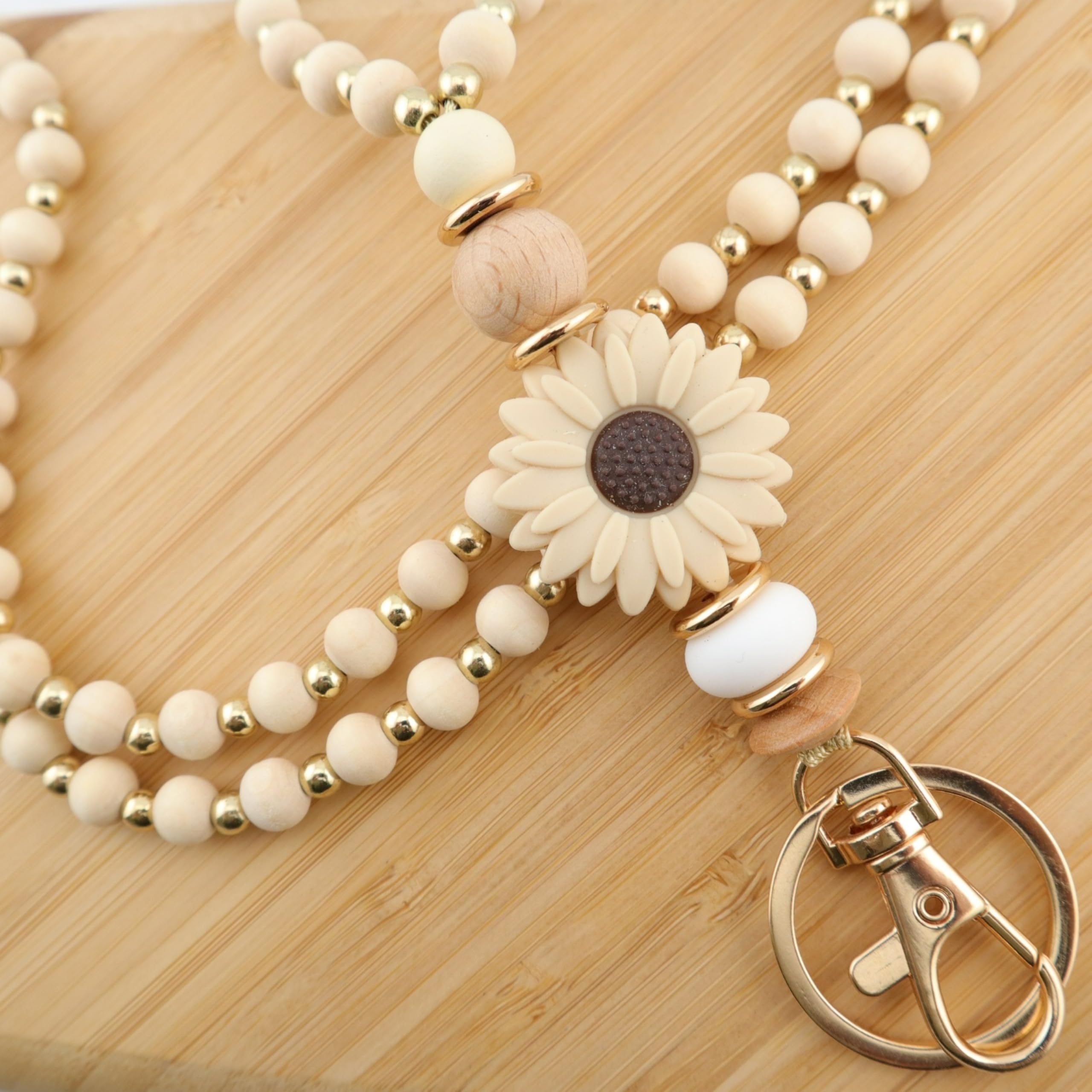 Wooden Beaded Lanyard for Teacher & Nurse ID Badges - Floral Design for Women Professionals