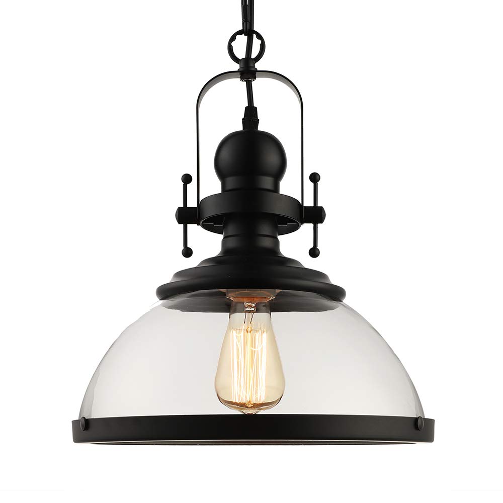 Modern Black Industrial Pendant Light with Glass Shade - Hanging Ceiling Lighting Fixture for Kitchen Island, Dining Room, Staircase & Home Decor | Dimmable LED Bulb Compatible