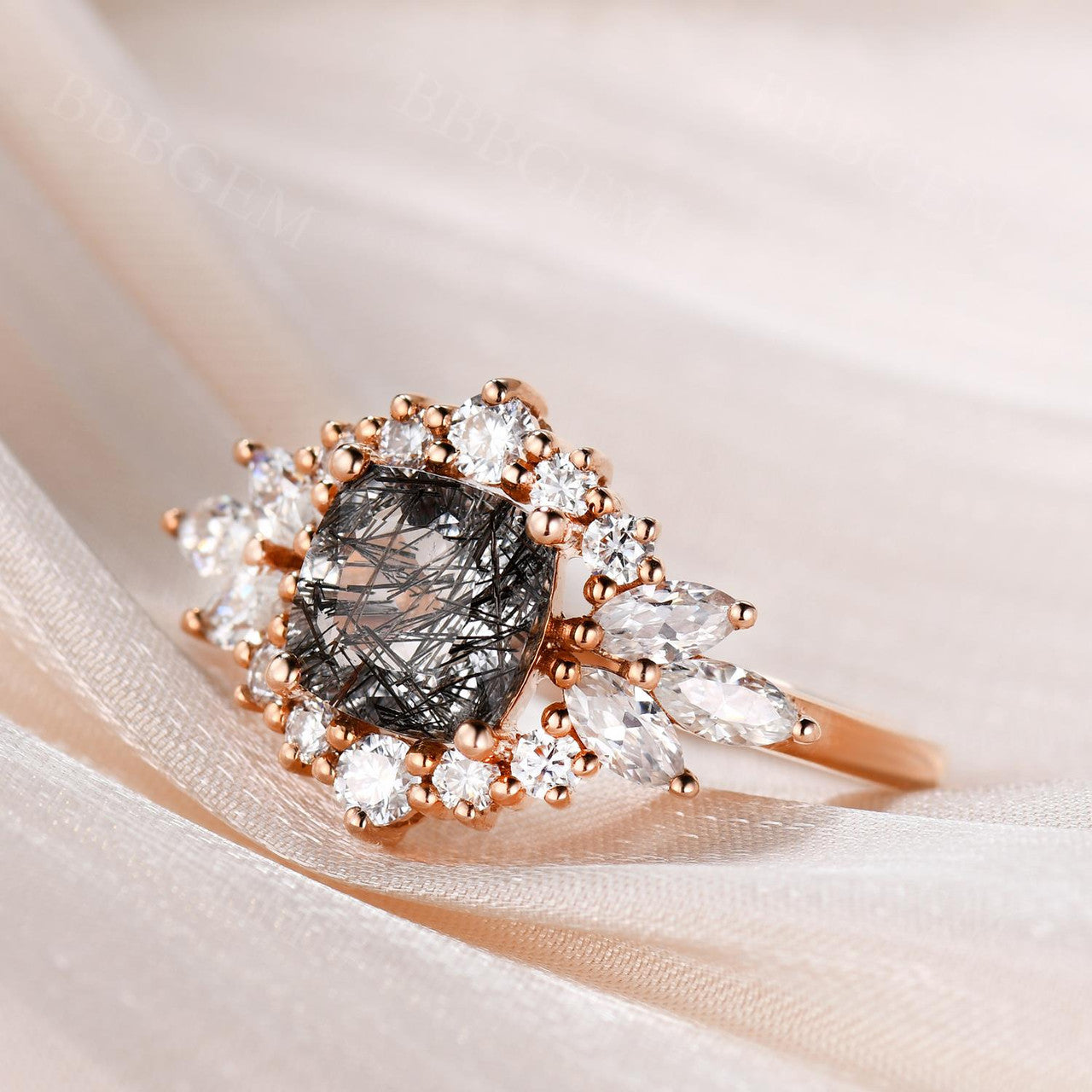 Exquisite Cluster Moissanite Halo Cushion Ring with Black Rutilated Quartz & Tourmaline | Vintage Cocktail Jewelry for Women | Perfect for Evening Parties, Weddings & Special Occasions