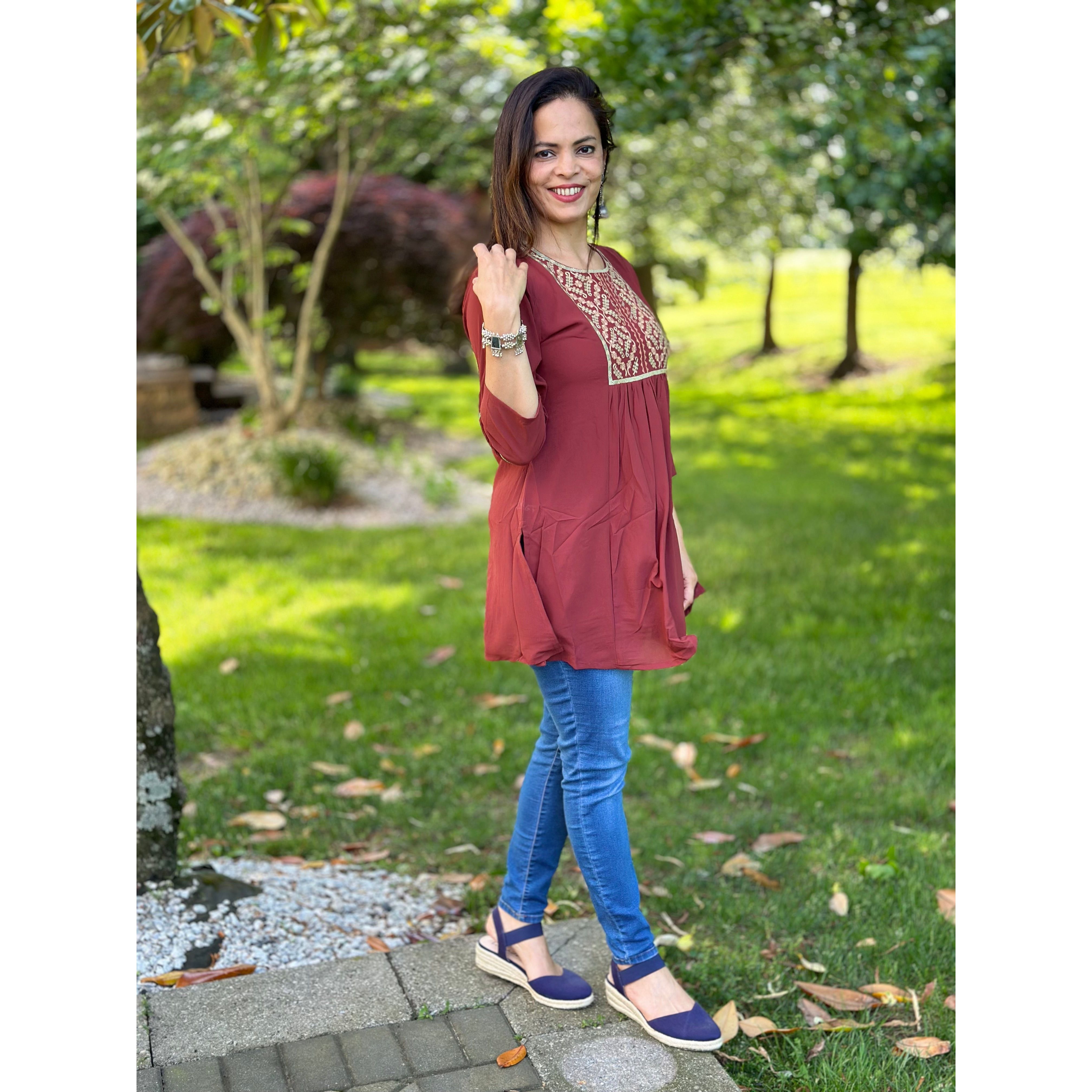 Embroidered Yolk Short Kurti for Women - Stylish Casual & Party Wear - Perfect for Festivals, Weddings & Daily Outfits
