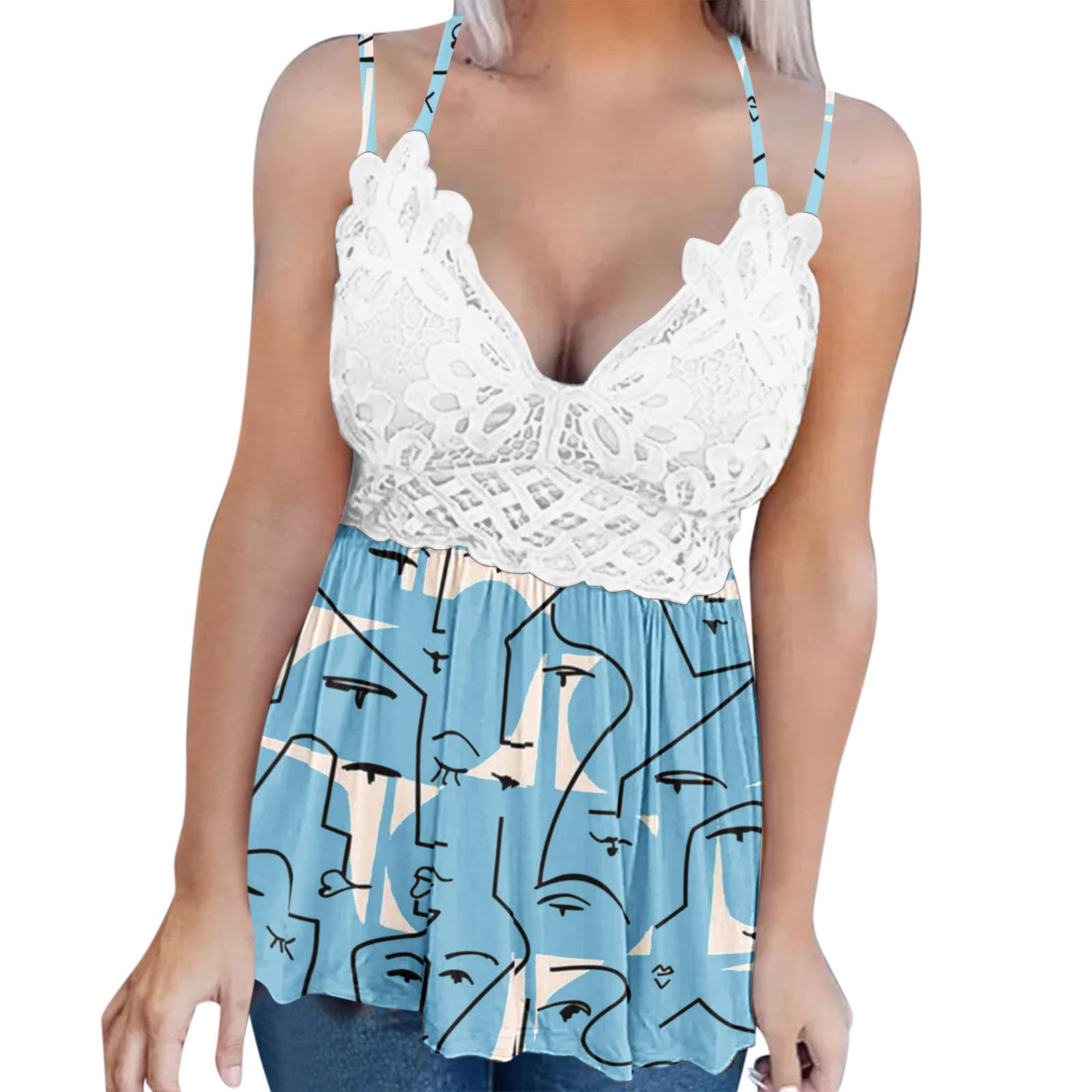 Women's Cropped V-Neck Lace Tank Top - Summer Casual Sleeveless Shirt with Side Split for Beach, Yoga & Everyday Wear