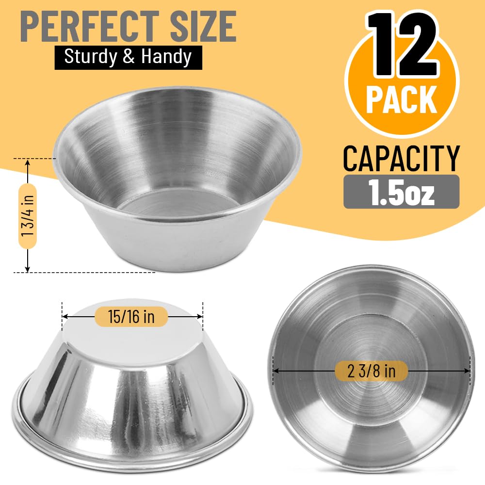 GLOBAL BASICS 1.5oz Stainless Steel Condiment Cups - Set of 12 Small Round Sauce Containers with 1.5oz Capacity | Perfect for Restaurants, Picnics, BBQs, and Home Kitchen Use