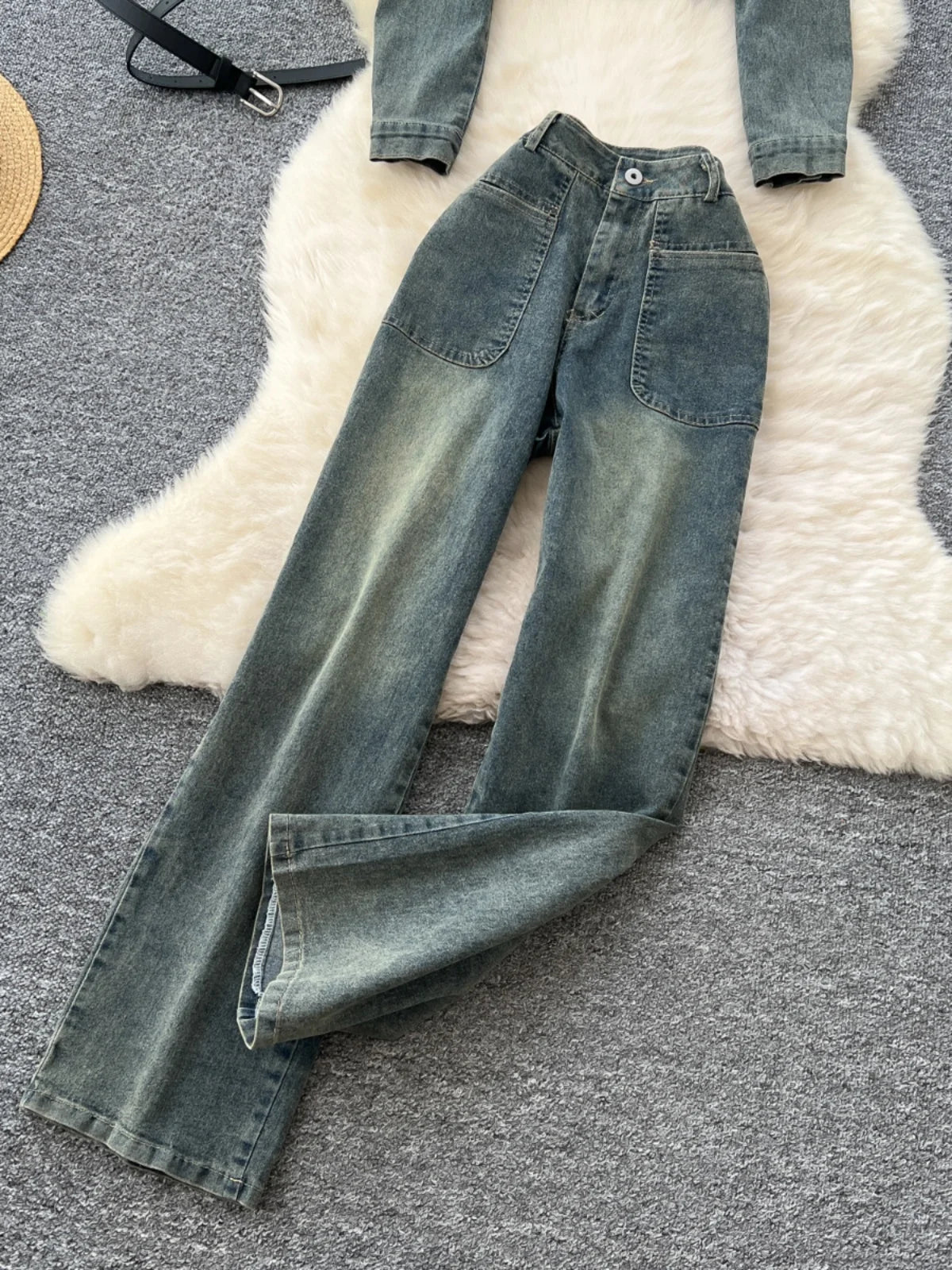 Vintage Blue Denim Two-Piece Set for Women - Single Breasted Lapel Long Sleeve Coat & High Waist Wide Leg Jeans | Fall Fashion, Casual Outfits, Retro Style, Everyday Wear