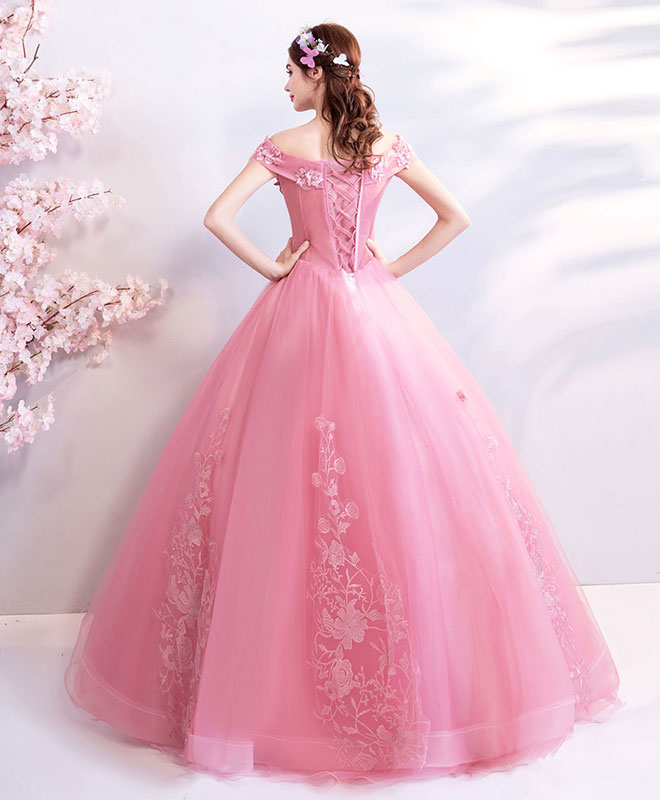 Elegant Pink Tulle Off-Shoulder Lace Long Prom Dress - Formal Evening Gown for Homecoming, Quinceañera & Special Occasions