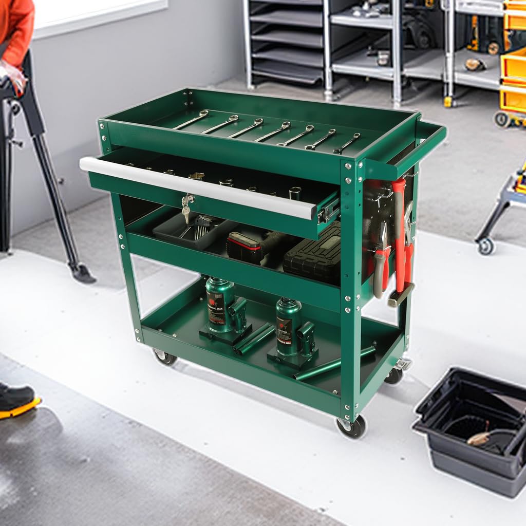 HMFULE 3-Tier Rolling Tool Cart with Locking System - Portable Tool Chest Organizer with 1 Drawer & Wheels for Garage, Workshop, Warehouse | Heavy-Duty Mobile Tool Storage for Mechanics, DIY & Home Repair Projects