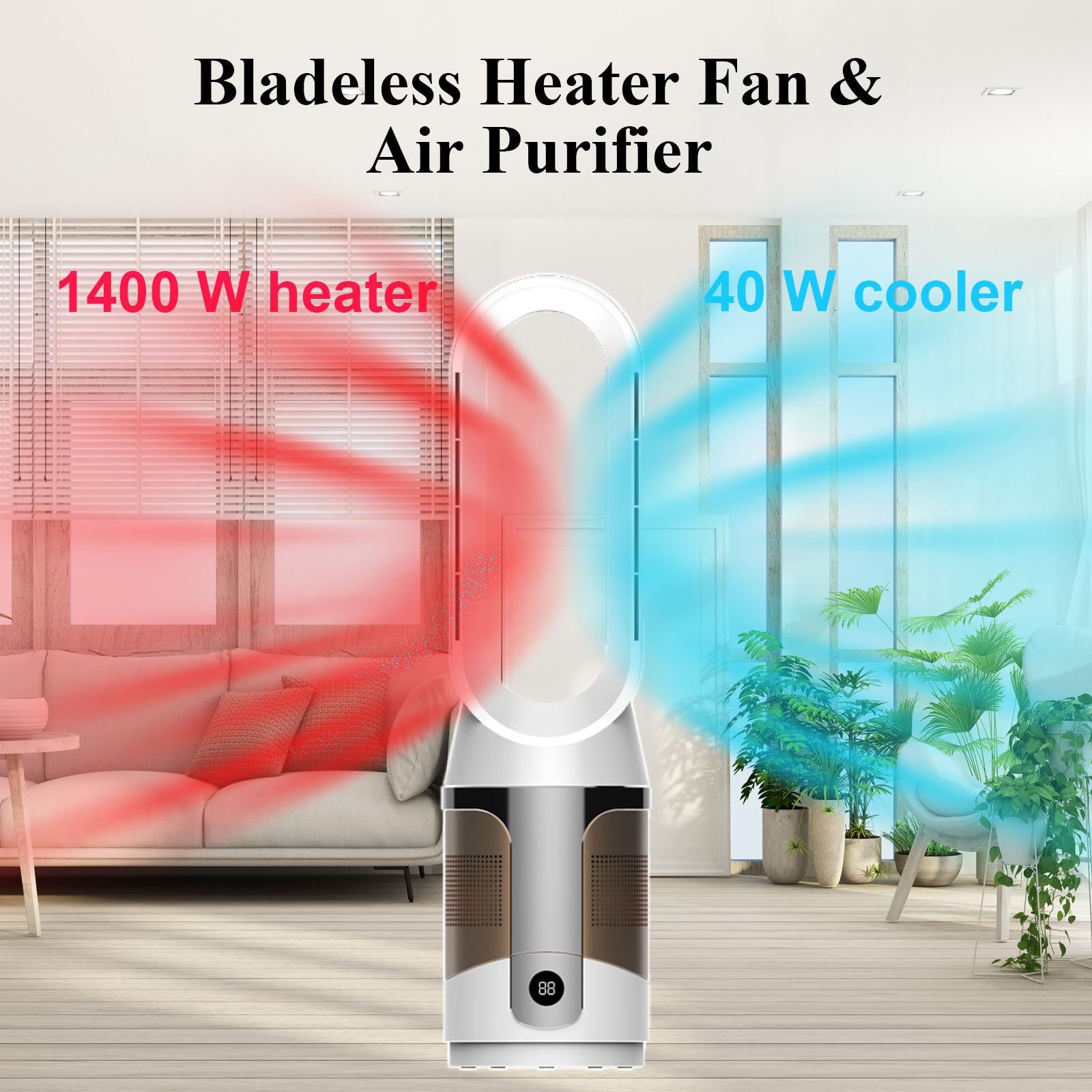 Bladeless Tower Fan with Heater and Air Purifier - 90° Oscillation, Remote & Touch Control, All-Season Use - Perfect for Office, Bedroom, Living Room (Silver/Gold) | Stay Cool in Summer & Warm in Winter with Quiet Air Circulation