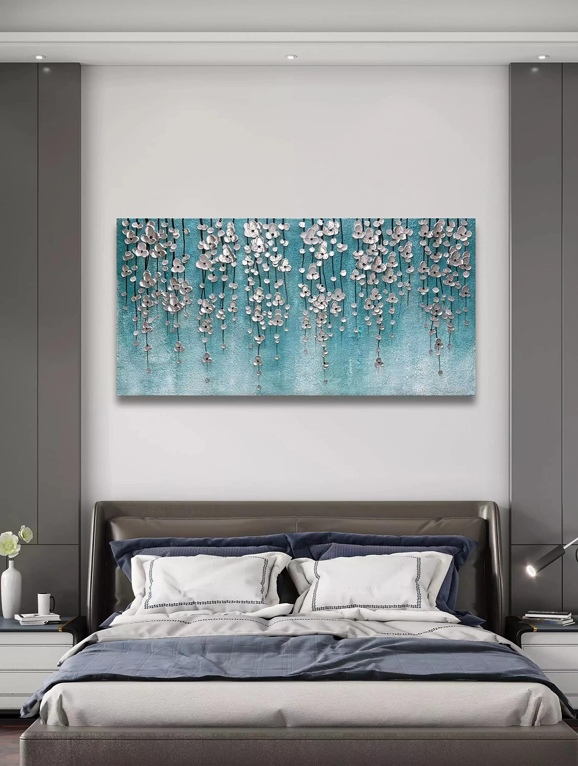 Yika Art 24x48 Inch Modern Abstract Oil Painting - Hand Painted Canvas Wall Art Decor for Living Room, Bedroom & Office - Silver Flower Abstract Artwork in Blue | Perfect for Home Decoration & Gift Giving