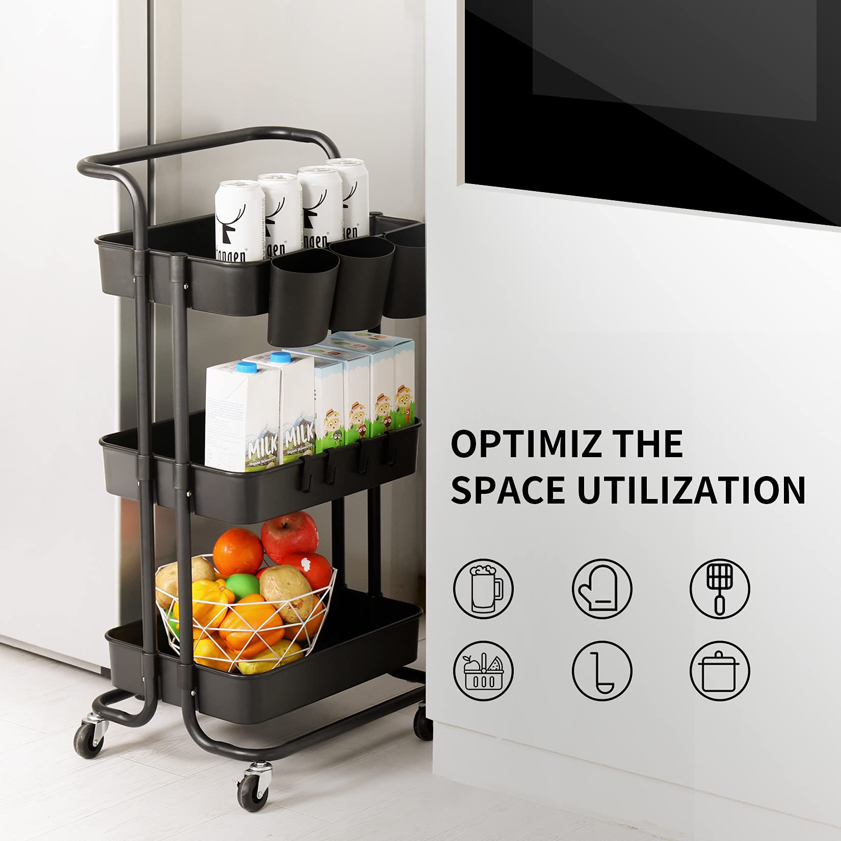ALVOROG 3-Tier Rolling Utility Cart with Wheels & Hanging Cups - Mobile Storage Organizer for Kitchen, Office, Coffee Bar - Multifunctional Service Cart (Black) - Perfect for Home Organization, Commercial Use & Small Space Storage Solutions