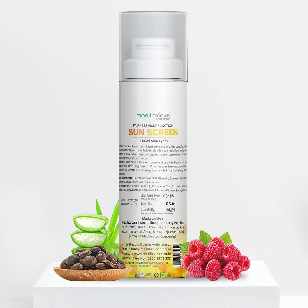 MEDILEXICON Homoeopathy Fairness SPF 50 PA++++ Sunscreen Lotion (100ml) with Cocoa Butter, Aloe Vera & Raspberry Seed Oil - Ideal for Indian Weather - Daily UV Protection for Face & Body