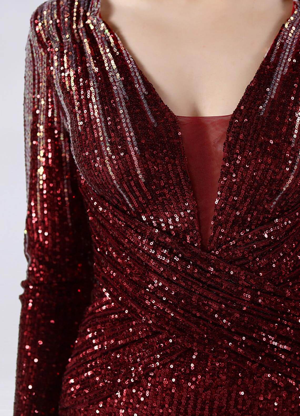 Elegant Burgundy Sequin Long Sleeve V-Neck Floor-Length Formal Gown for Women - Perfect for Evening Parties, Prom, Homecoming & Special Occasions