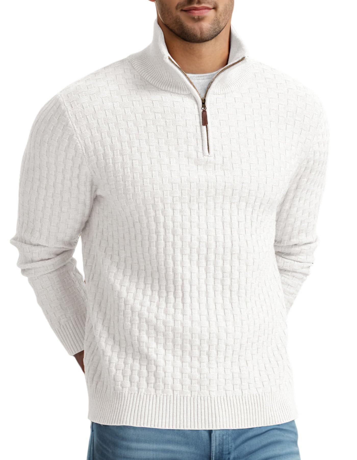 Askdeer Men's Quarter Zip Waffle Knit Sweater - Mock Neck Polo Pullover with Ribbed Edge - Casual Winter Wear for Office, Outdoor & Travel