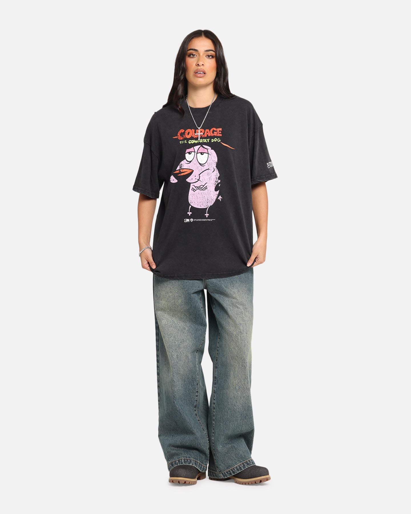Vintage Courage The Cowardly Dog T-Shirt - Cartoon Network 90s Retro Graphic Tee - Black Acid Wash Distressed Style - Perfect for Halloween Cosplay & Anime Convention Outfits