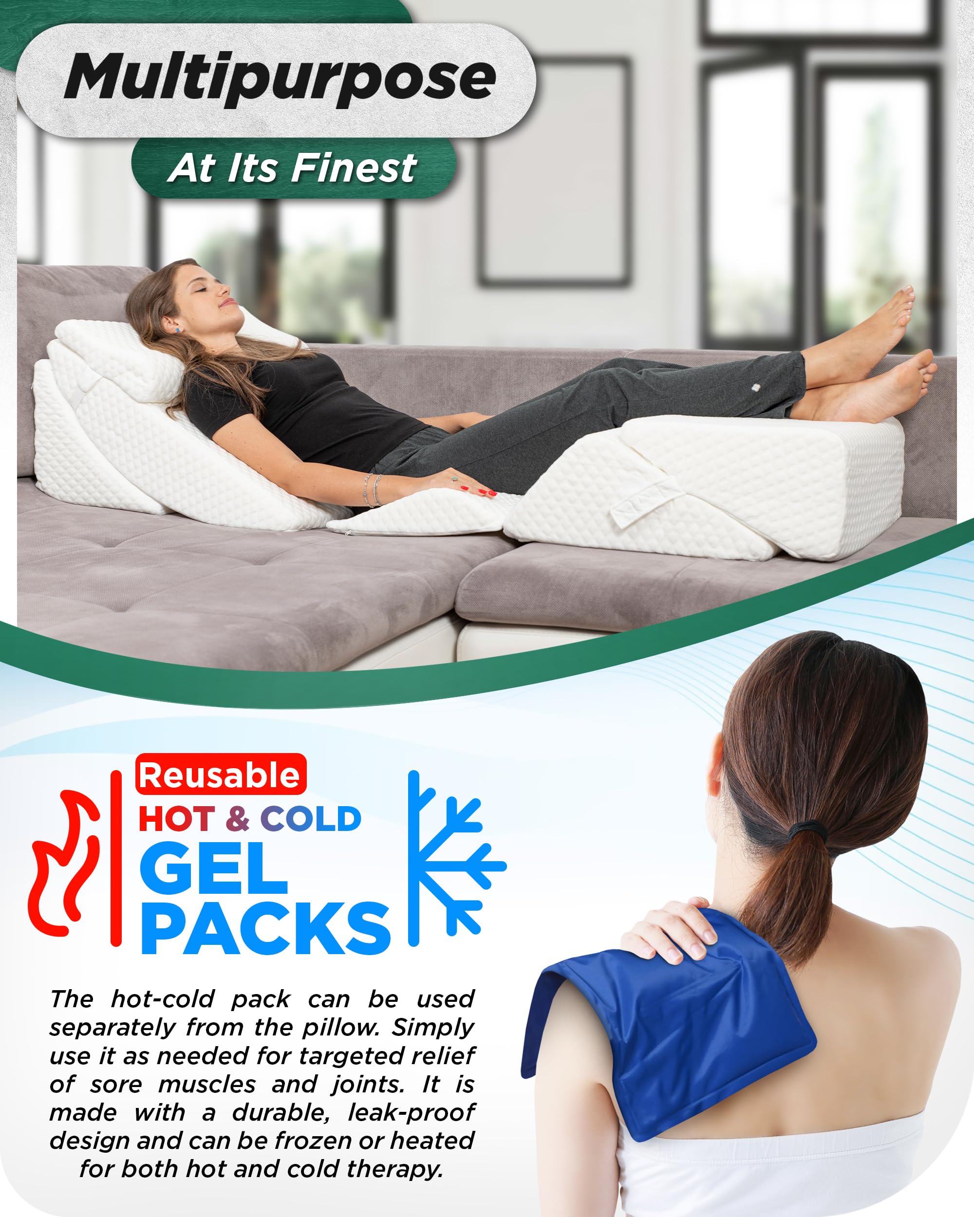 6-Piece Orthopedic Bed Wedge Pillow Set for Back, Neck & Leg Pain Relief - Post-Surgery Memory Foam Support Pillows with Adjustable Height for Sleeping, Acid Reflux, GERD - Includes Hot & Cold Therapy Pack (White) - Perfect for Recovery, Comfort & Pain Management at Home
