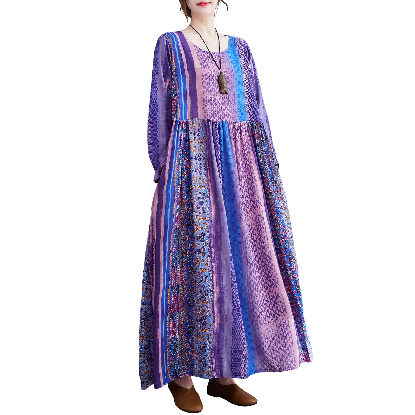 Versear Women's Cotton Linen Maxi Dress with Long Sleeves - Boho Floral Print & Pockets - Perfect for Beach Vacations, Summer Outings and Casual Boho Style