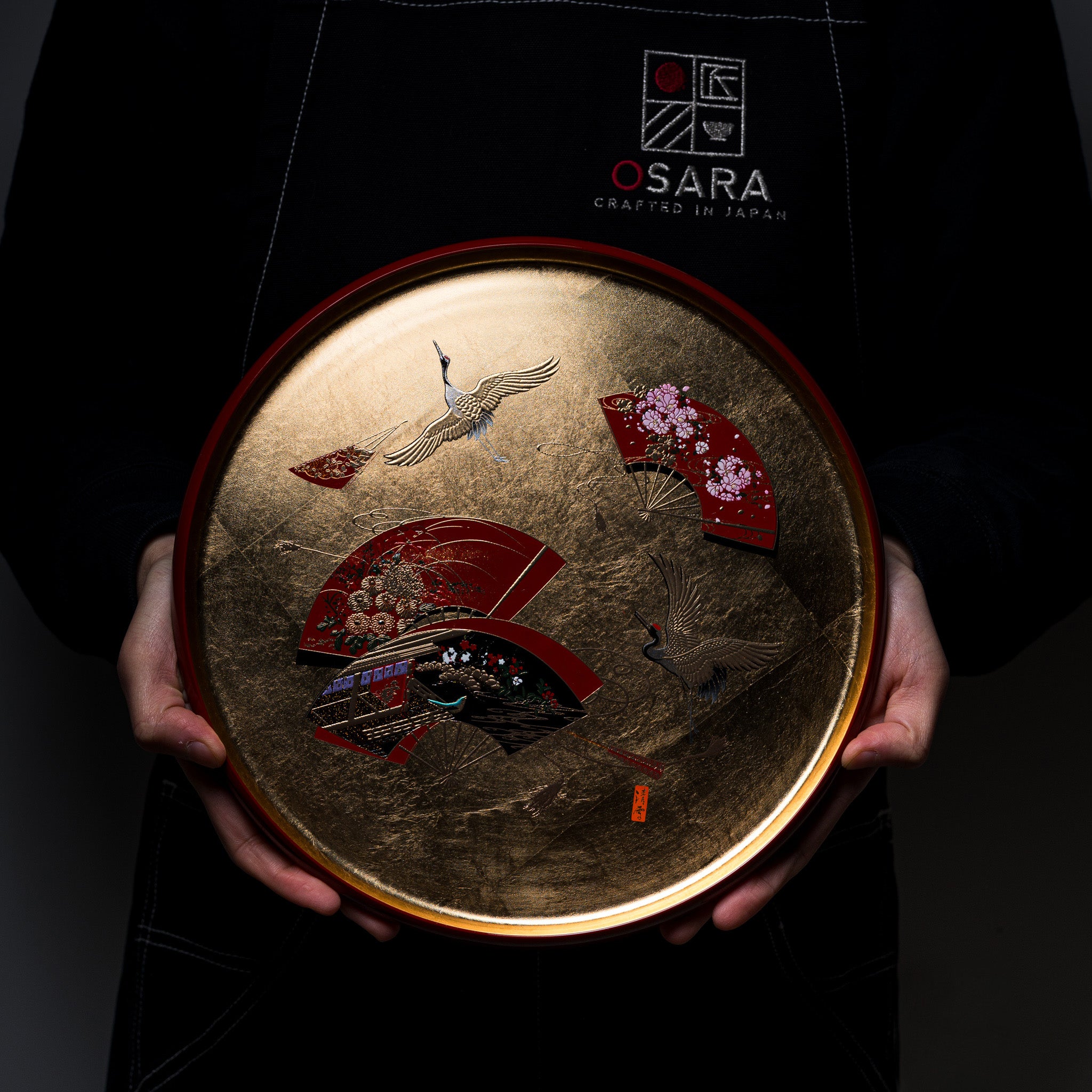 Premium Modern Yamanaka Lacquerware Tray with Gold Fan Motif - 27cm Handcrafted Japanese Serving Tray for Tea Ceremony, Sushi Presentation & Home Decor