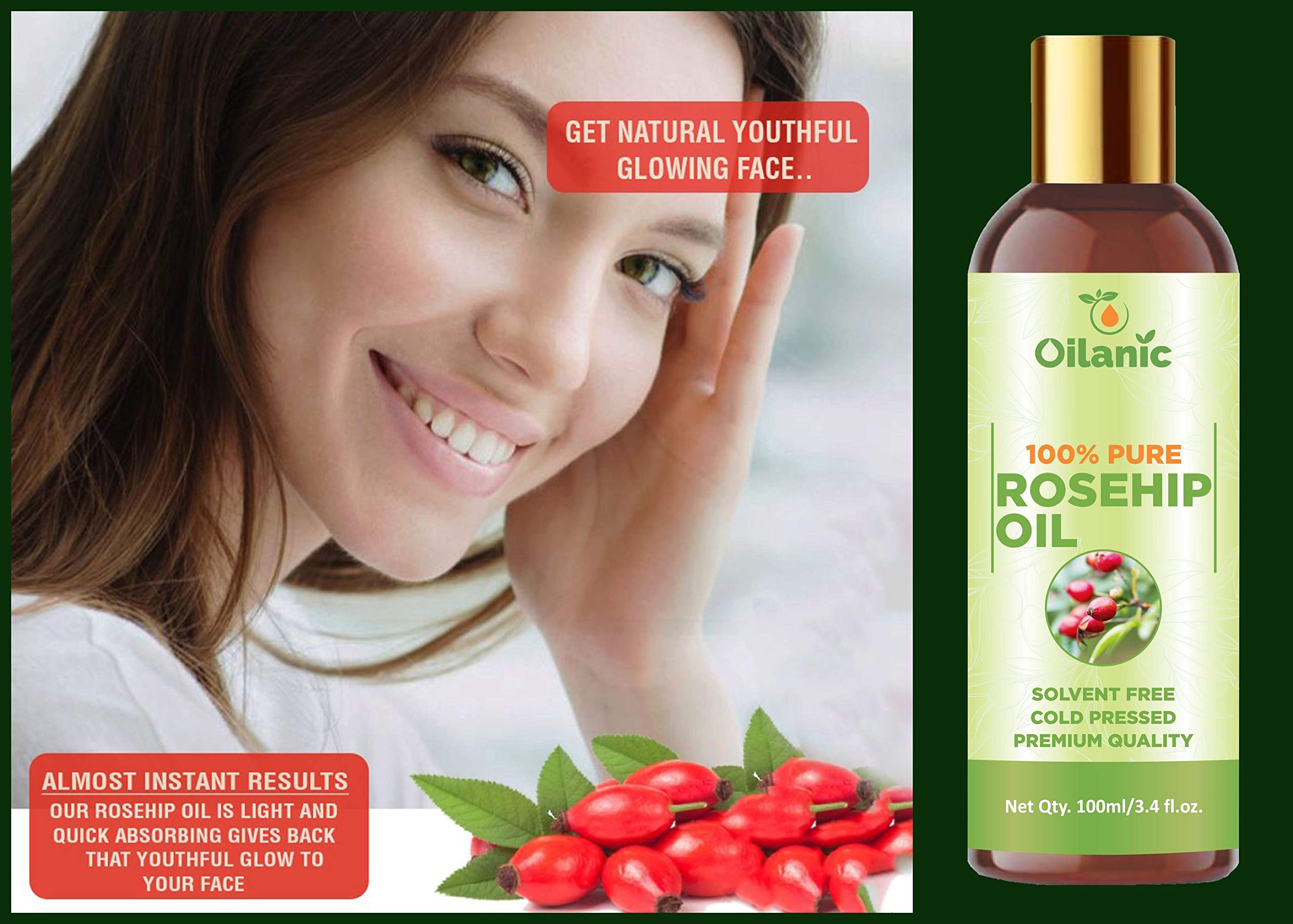 Oilanic 100% Pure & Natural Rosehip Oil for Face & Skin - 3.4 fl oz (100ml) - Anti-Aging, Moisturizing & Scar Treatment - Perfect for Dry Skin, Acne Scars & Wrinkles
