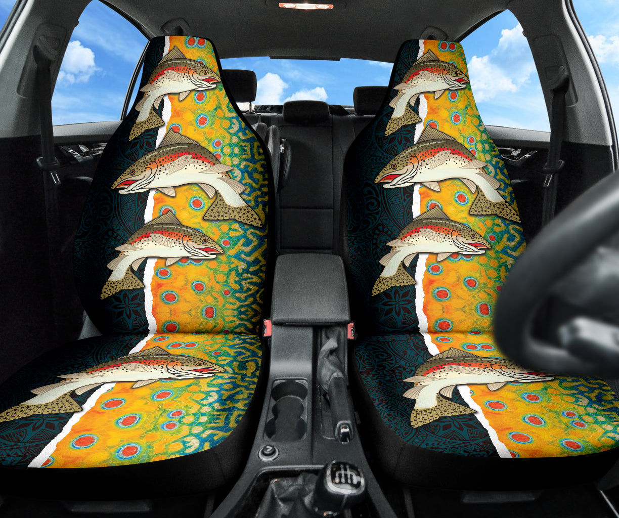 Premium Trout Fish Pattern Car Seat Covers - Waterproof & Durable Auto Accessories for Truck, SUV, Sedan - Perfect Gift for Fishing Enthusiasts & Outdoor Lovers (Use for Road Trips, Camping, Daily Commute)