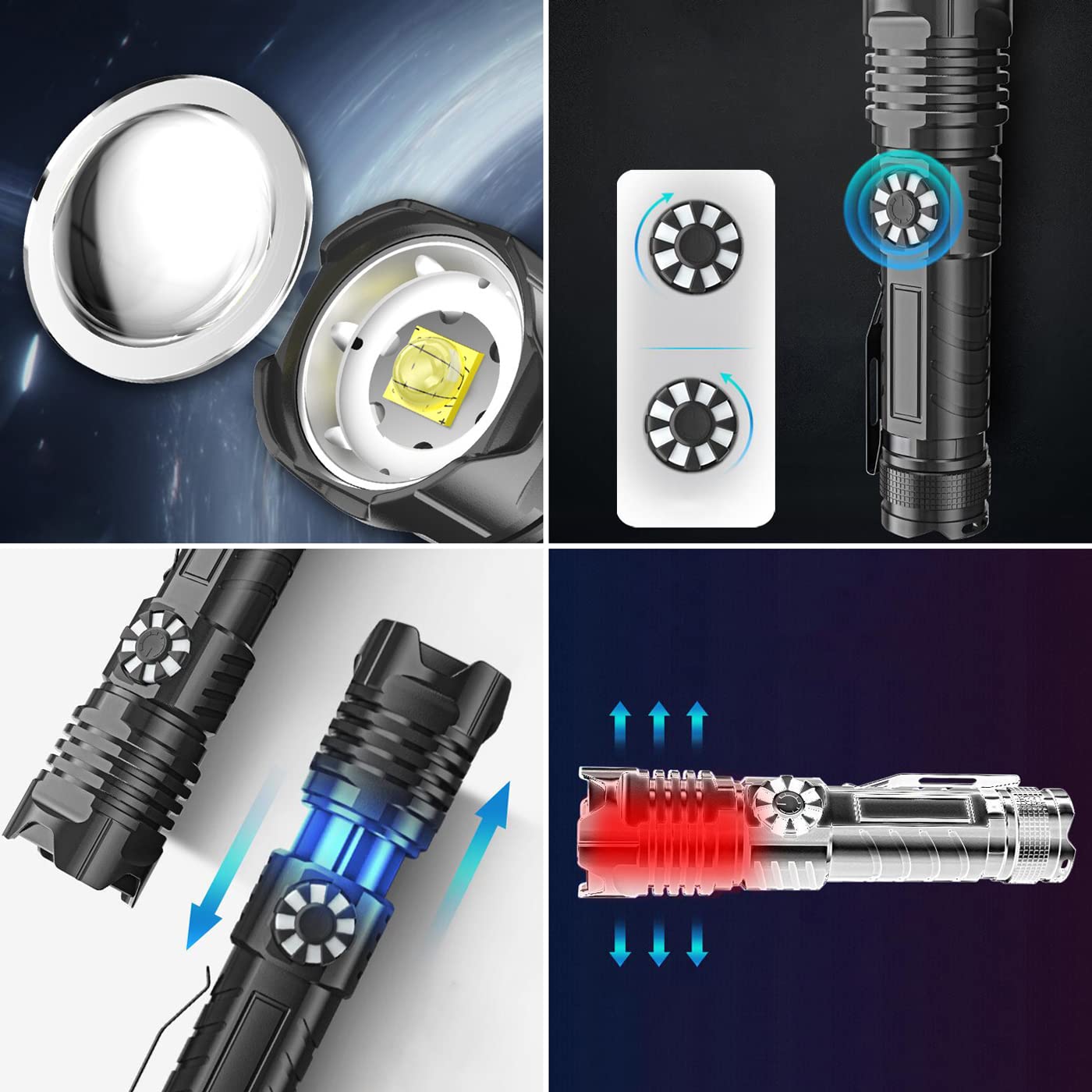 High-Power LED Tactical Flashlight - Adjustable Focus, Stepless Dimming, Waterproof for Outdoor Adventures (Hiking, Camping, Emergency Use) | XH-P50 Highlight Wick