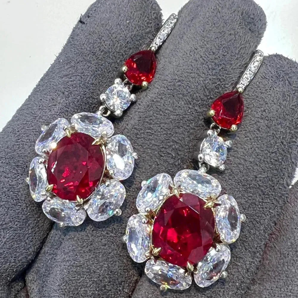 Vintage 925 Sterling Silver Oval Cut Ruby & High Carbon Diamond Drop Dangle Earrings for Women - Anniversary Gift, Wedding Jewelry, Party & Evening Wear Accessories