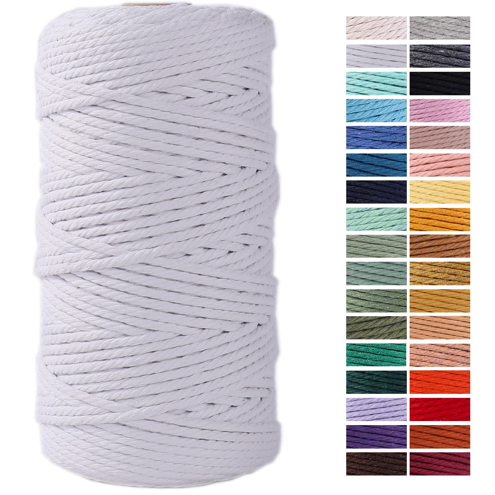 White Macrame Cord 3mm x 109 Yards - Colored Cotton Rope for Wall Hanging, Plant Hangers, DIY Crafts & Decorative Projects - Perfect for Macrame Wall Art, Boho Home Decor & Handmade Gift Making
