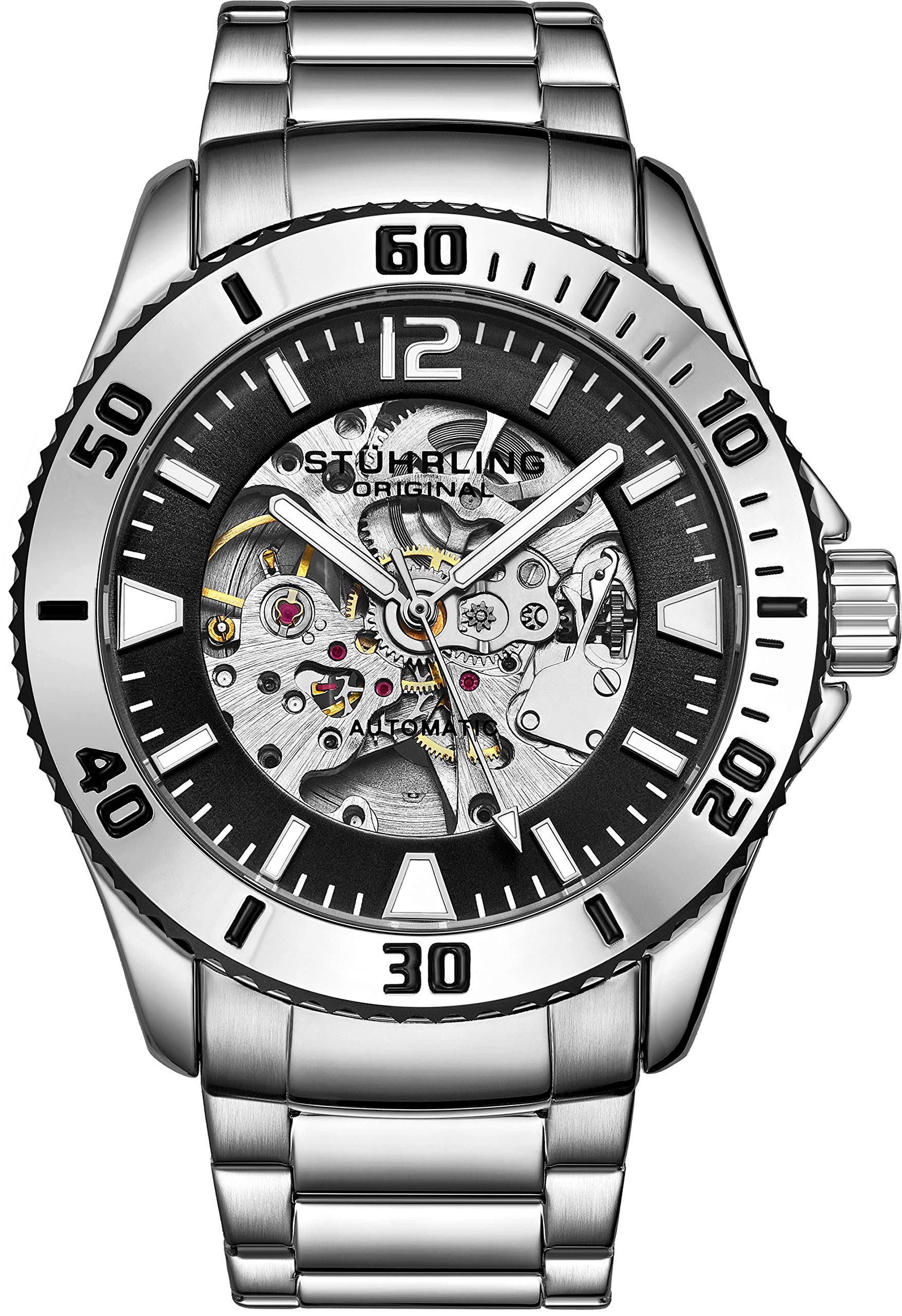 Stuhrling Original Men's Automatic Dive Watch - Stainless Steel Bracelet, Self-Winding Mechanical Watch, Water Resistant to 165FT - Silver Sports Watch for Swimming, Diving & Everyday Wear