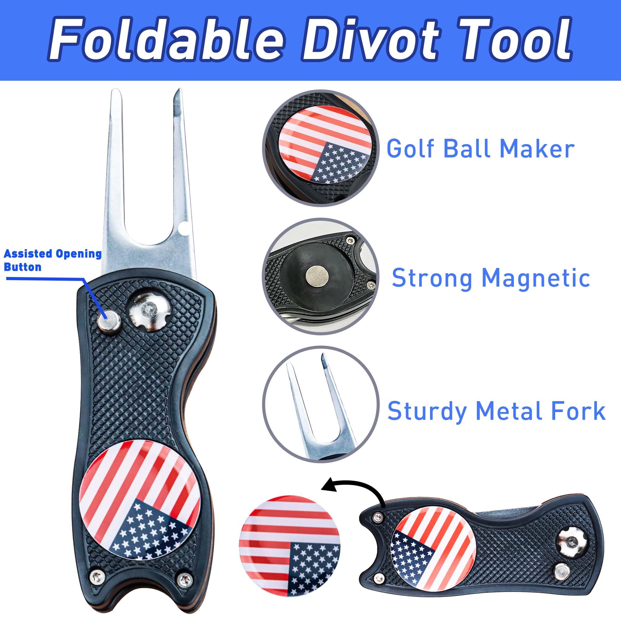 Premium Golf Club Brush & American Flag Golf Towel Set - Magnetic Golf Groove Cleaner Kit with Strong Magnet Stick for Golf Clubs & Bags | Perfect for On-Course Cleaning & Club Maintenance