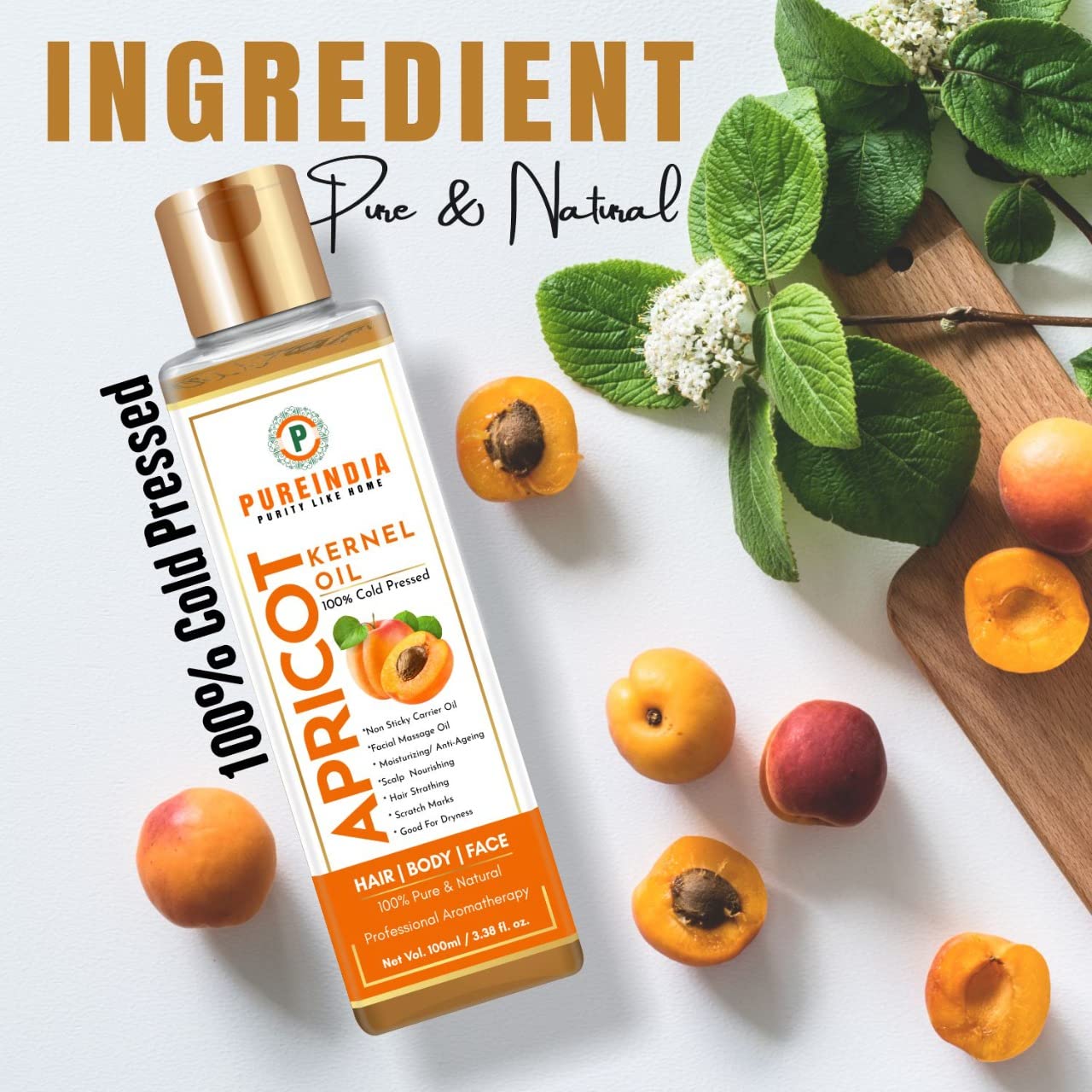 Pure Cold Pressed Apricot Oil for Face, Hair & Body - 100% Natural Anti-Aging Moisturizer for Dry Skin, Hair Growth & Nail Care | 100ml | Ideal for Massage, Aromatherapy & DIY Beauty Recipes