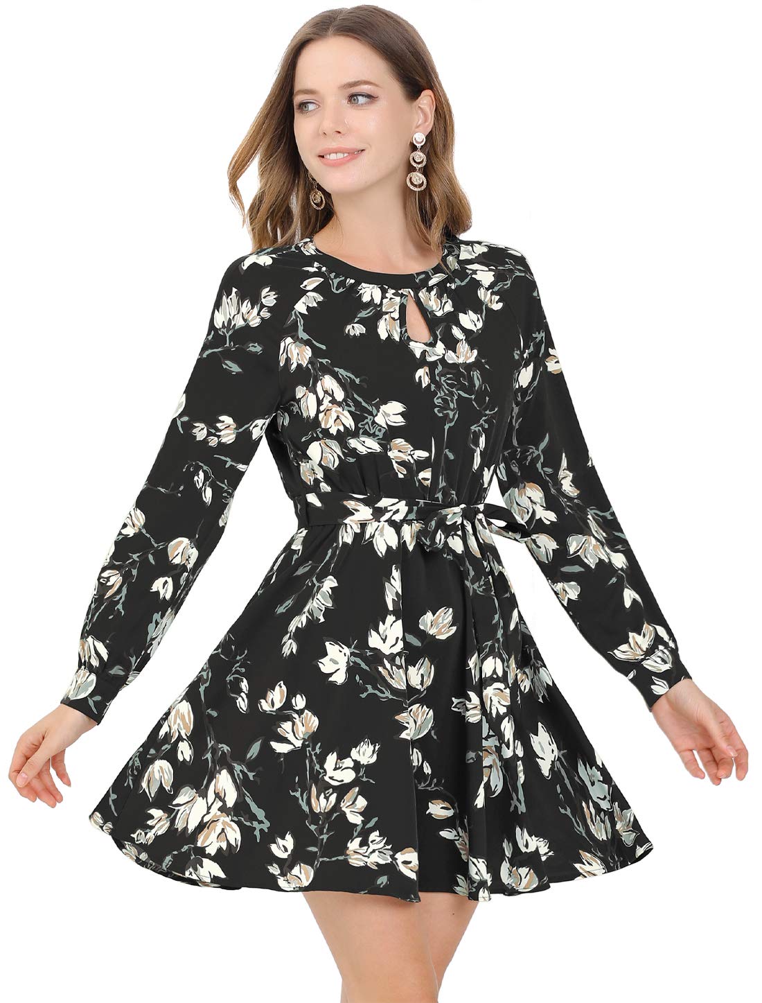 Allegra K Women's Floral Print Keyhole Chiffon Dress with Long Sleeves & Belt - Elegant Spring & Summer Party, Wedding Guest, Cocktail Attire