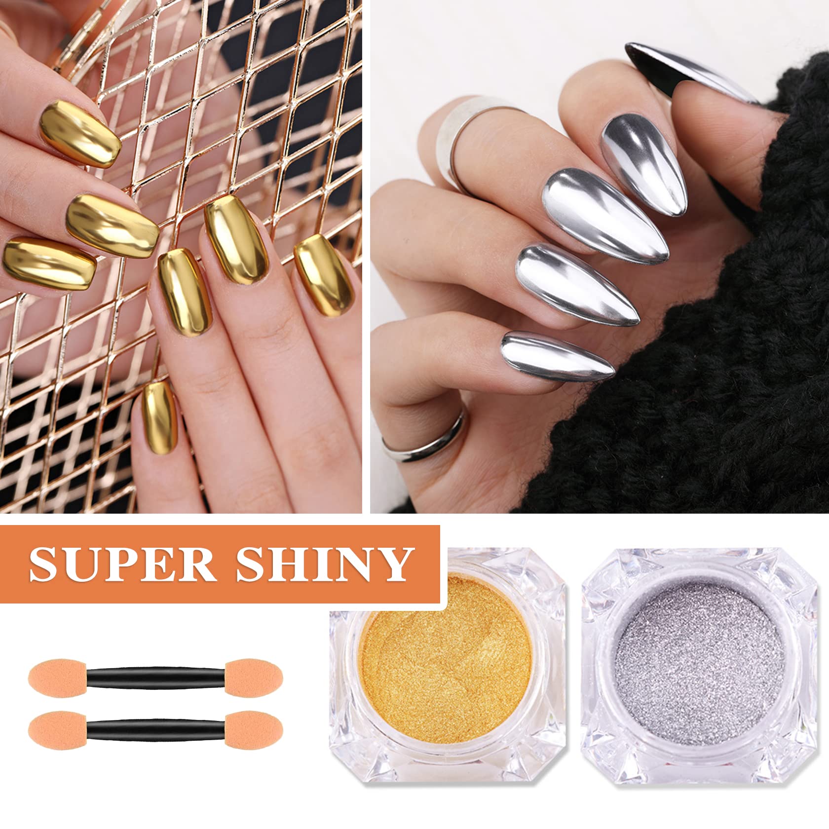 Silver Gold Mirror Chrome Nail Powder - Metallic Holographic Nail Pigment Set for Gel Nails | DIY Manicure, Nail Art Design, Salon & Home Use