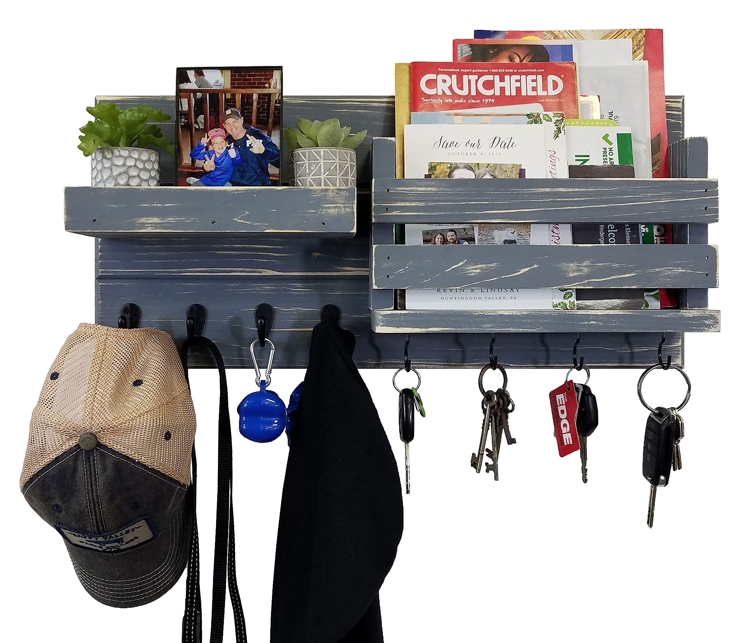 Farmhouse Rustic Wall Mount Organizer with Key & Coat Hooks - Handmade in USA - 20 Custom Colors (Slate Gray Shown) - Perfect for Entryway, Office & Home Organization - Mail Holder, Key Rack & Shelf Combo