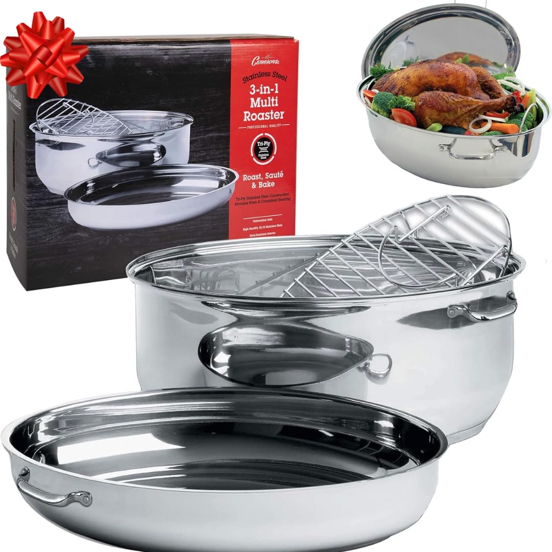 Camerons 3-in-1 Multi Roaster - 11qt Tri-Ply 18/10 Stainless Steel Poultry Roasting Pan, Stock Pot & Saute Pan with Lid - Induction Compatible & Non-Stick - Perfect for Easter Dinner, Thanksgiving, Holiday Cooking & Family Gatherings