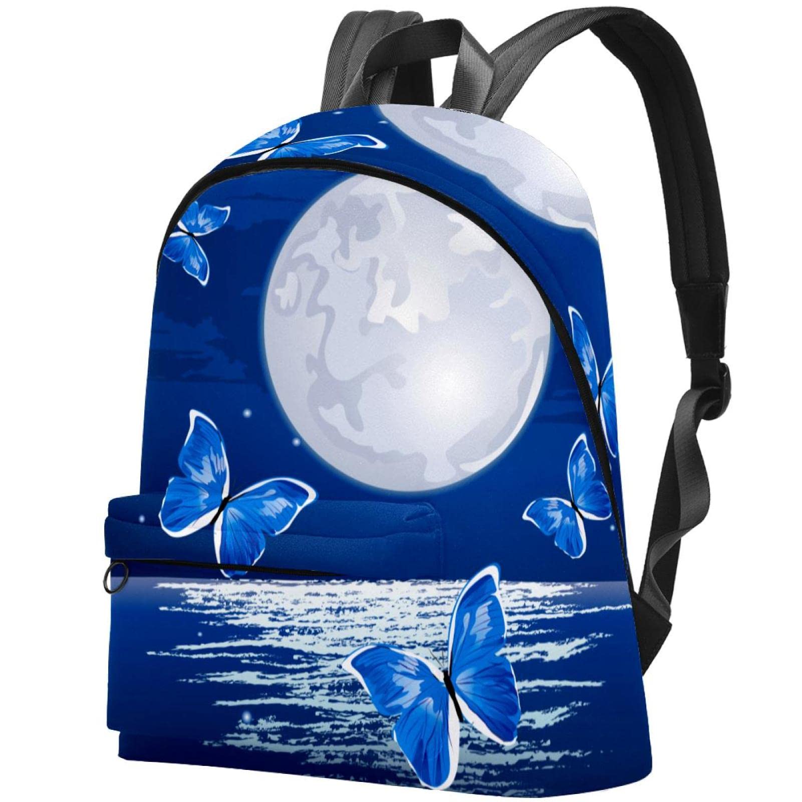 Stylish Canvas Backpack for College Students & Travel - Unisex Waterproof Laptop Backpack with Blue Butterfly Moonlight Print - Perfect for School, Work, Commuting & Weekend Getaways