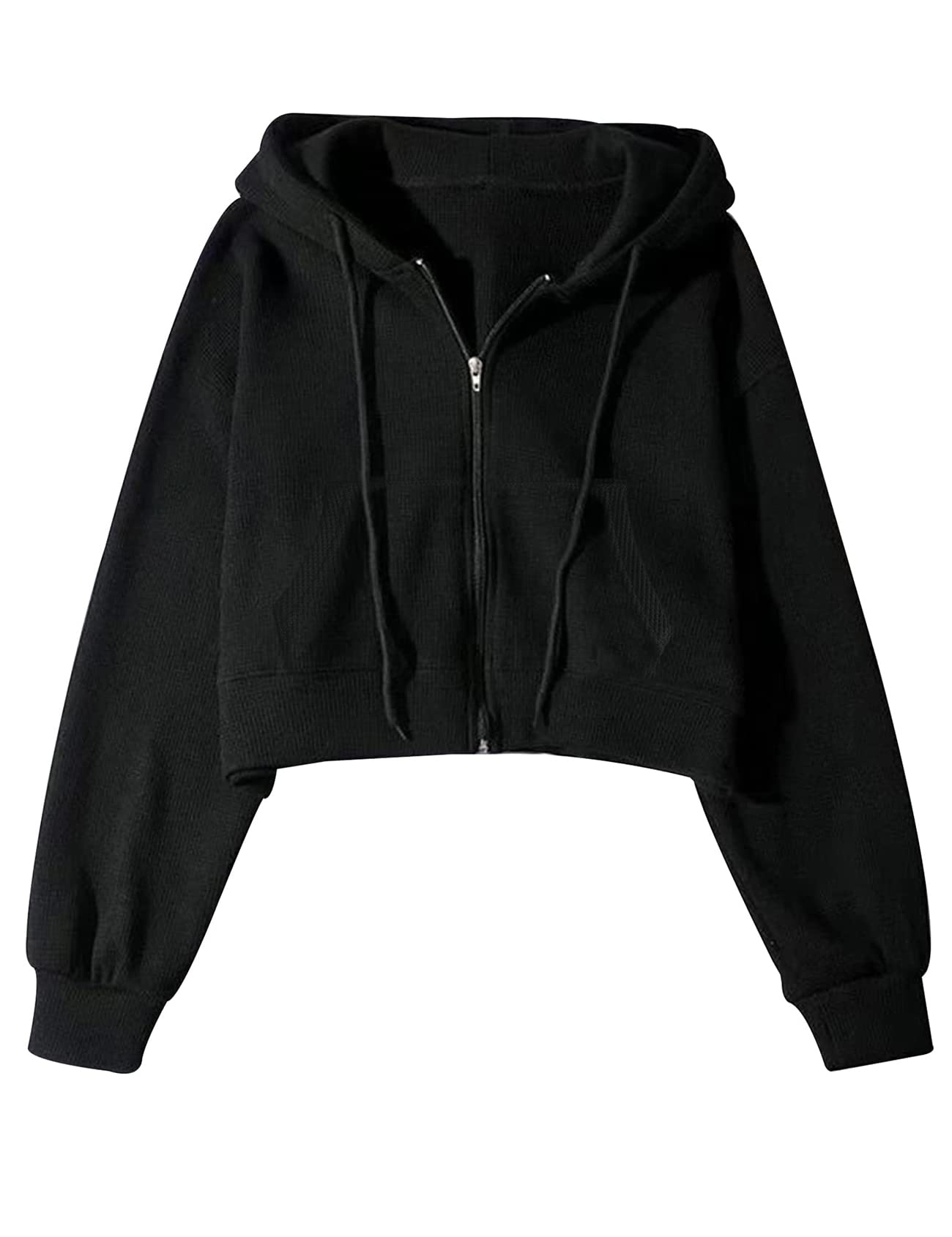 Yimoon Women's Cropped Zip Up Hoodie - Vintage Waffle Knit Sweatshirt with Pockets | Casual Long Sleeve Jacket for Streetwear, Loungewear & Fall Fashion